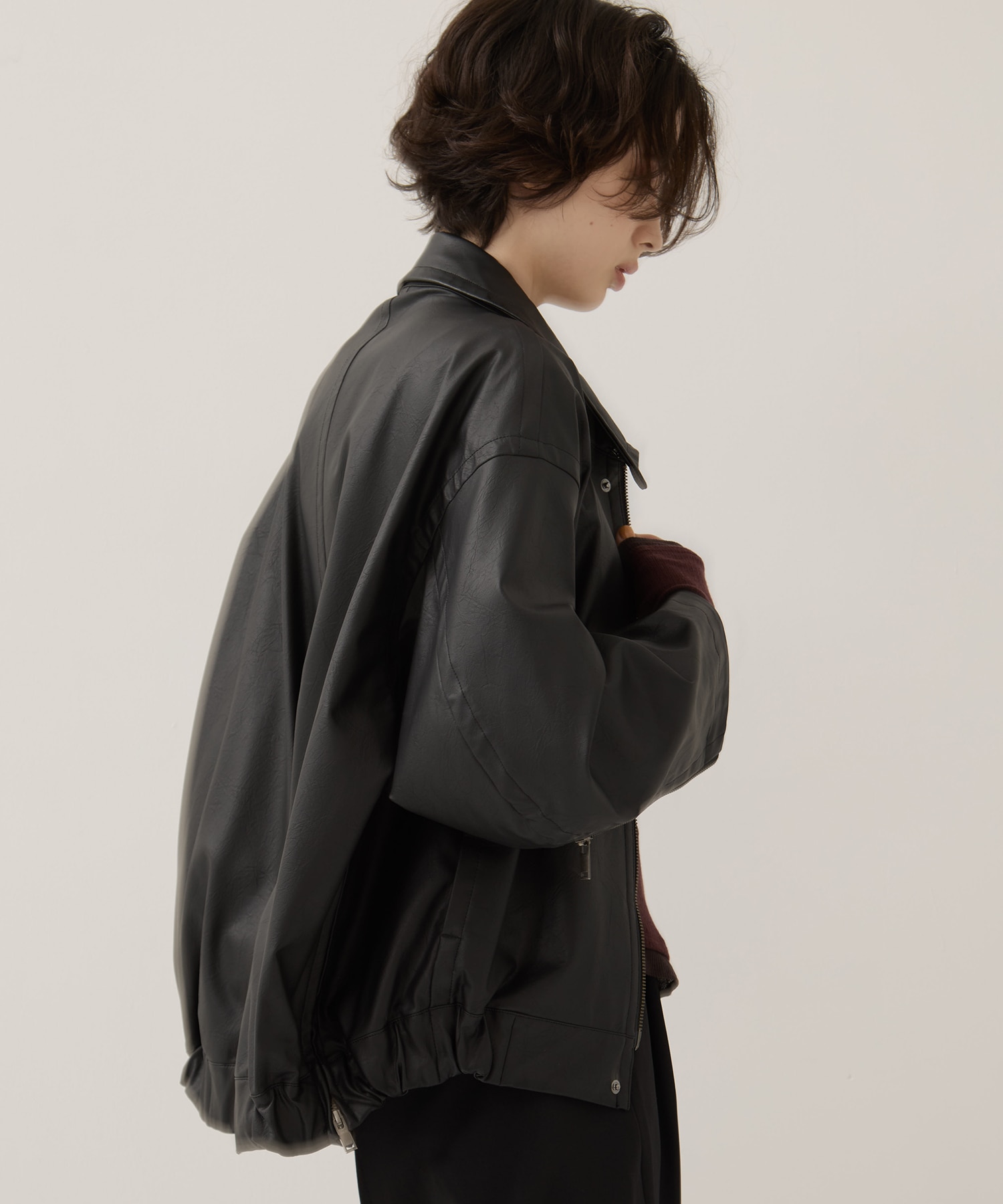 Faux Leather Stand Collar Blouson STUDIOUS