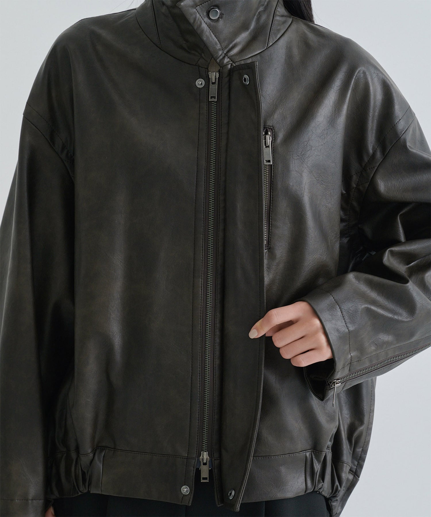 Faux Leather Stand Collar Blouson STUDIOUS