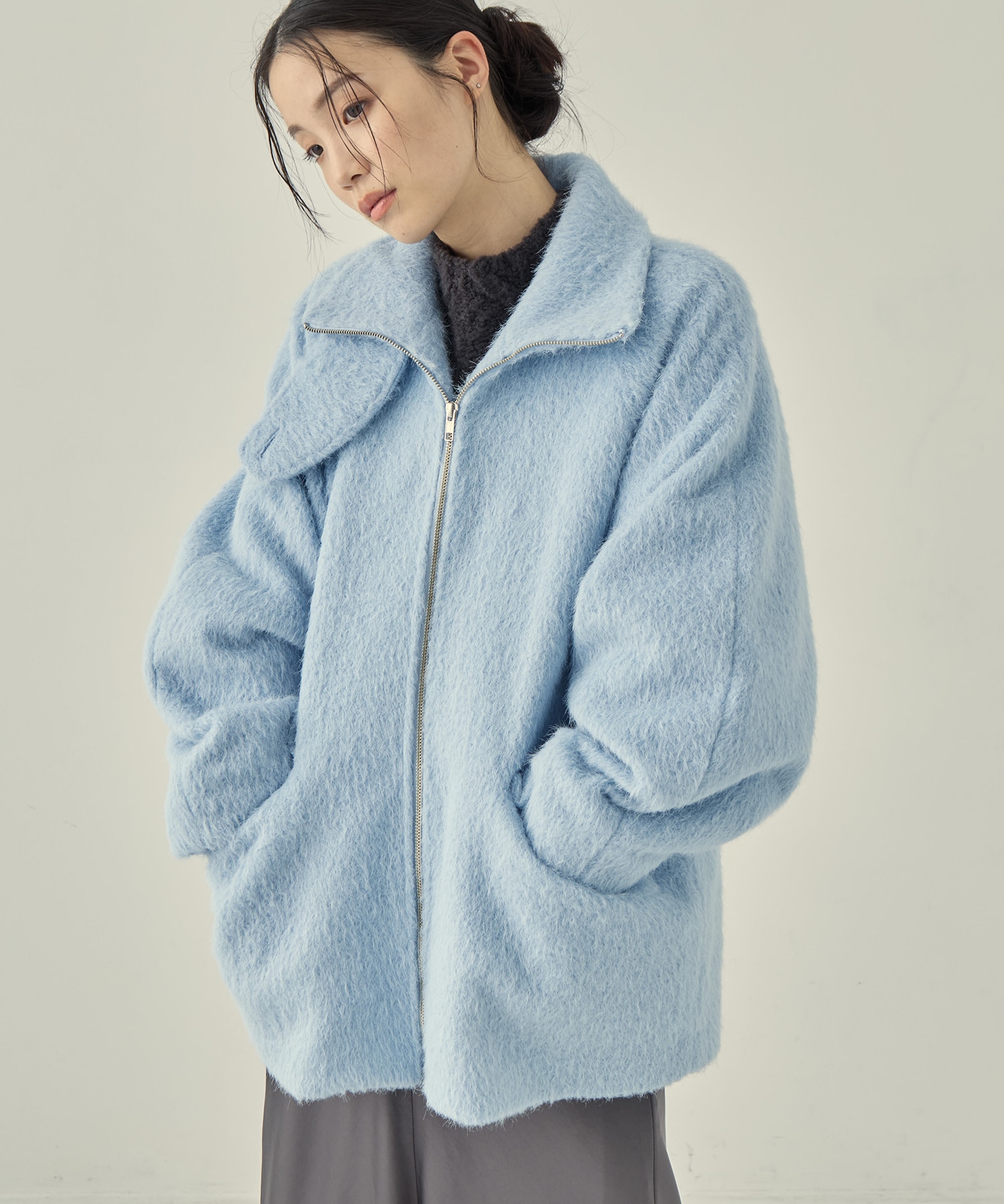 STAND COLLAR SHAGGY MIDDLE COAT STUDIOUS