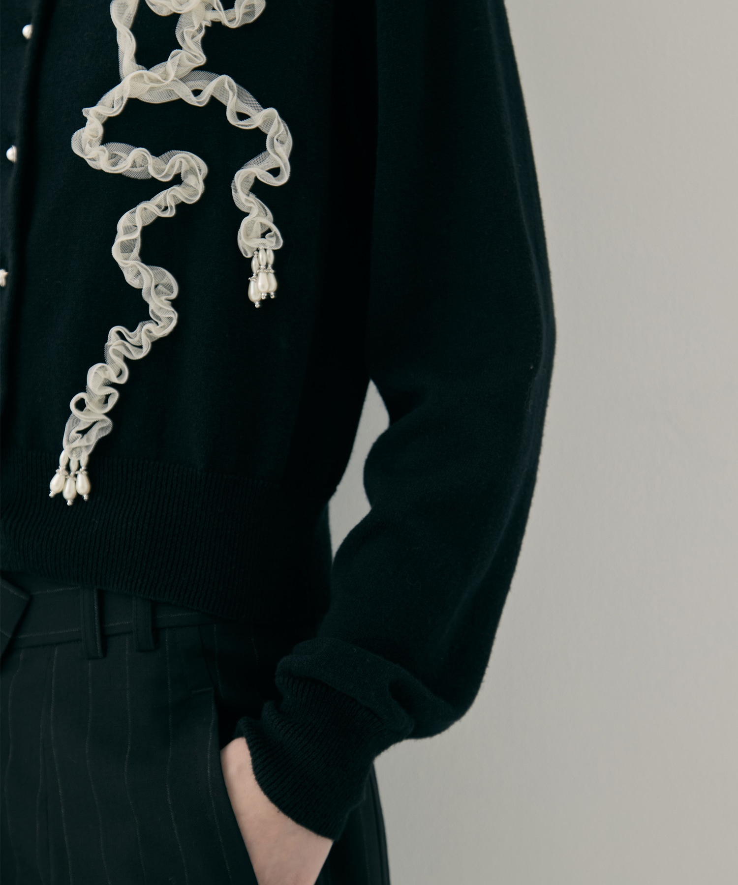 Ribbon tulle pearl embroidery cardigan tanakadaisuke