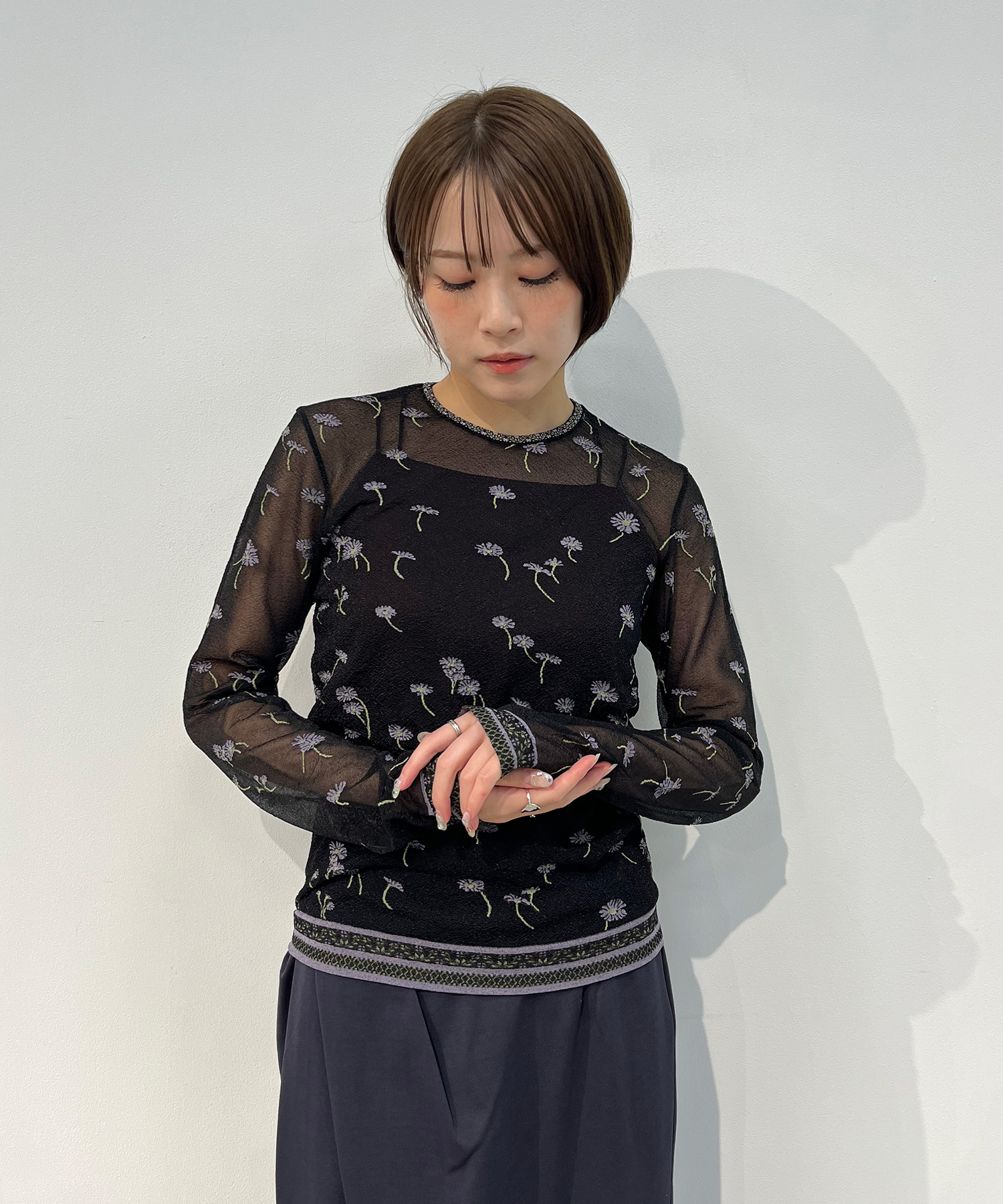 Floral Pattern Long Sleeve Sheer Knit Top Mame Kurogouchi
