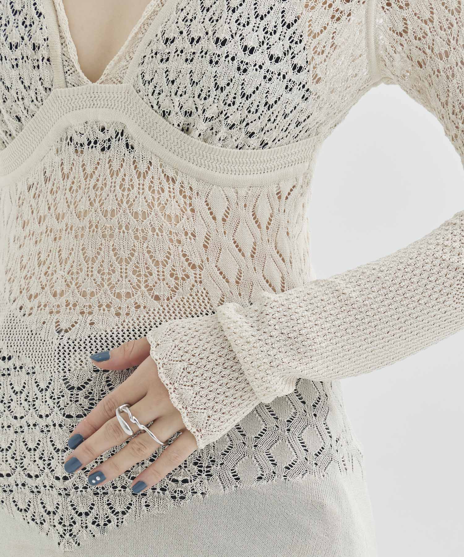 LACE KNIT V-NECK BODYSUITS FETICO