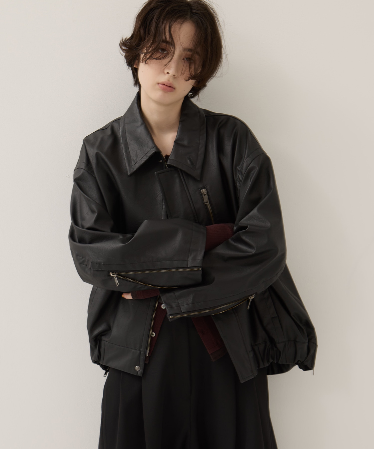 Faux Leather Stand Collar Blouson STUDIOUS