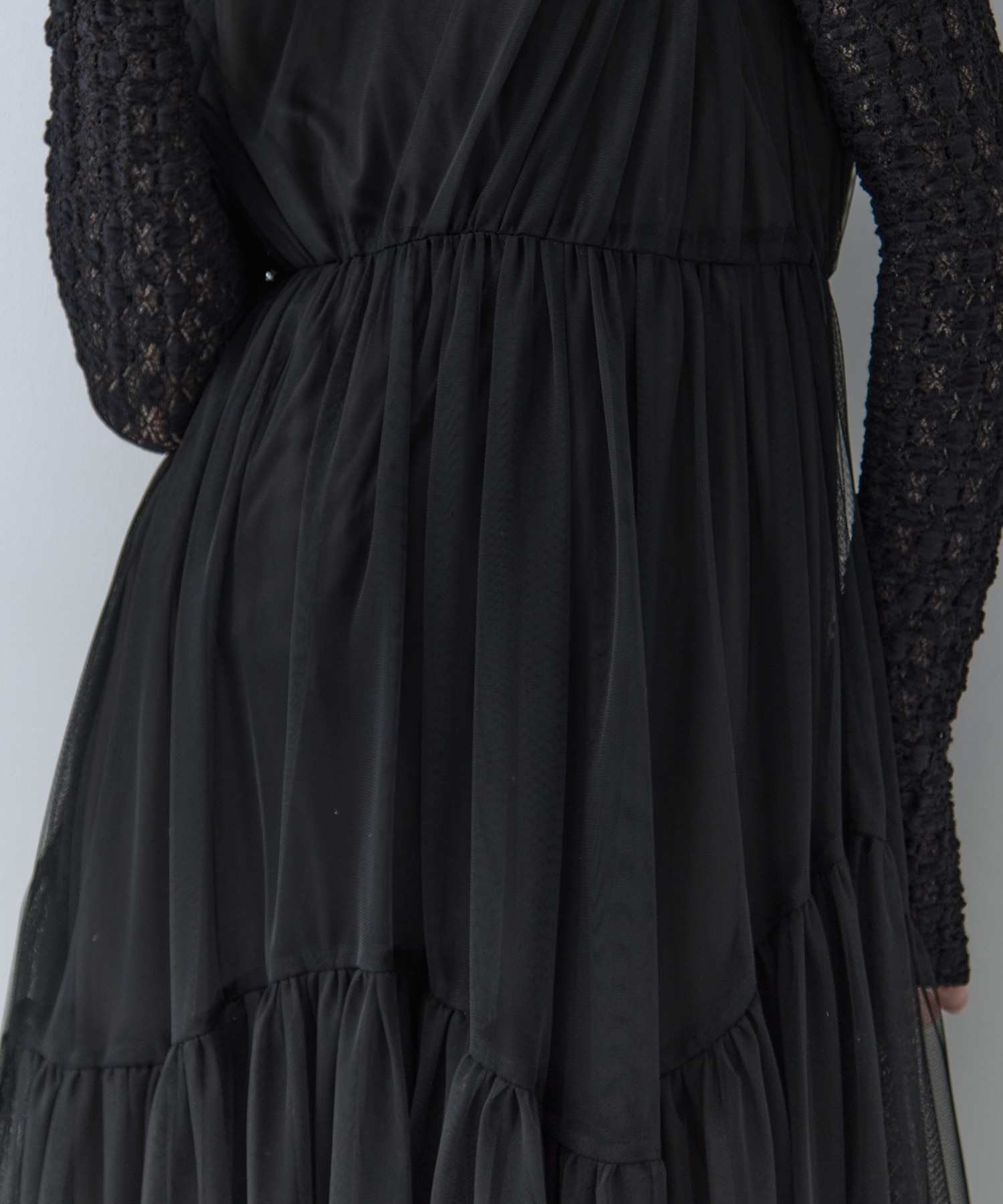 BLACK TULLE WAVE TIERED DRESS AMERI