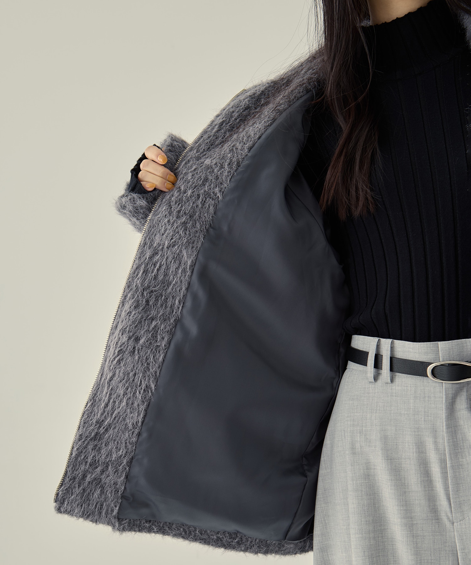 STAND COLLAR SHAGGY MIDDLE COAT STUDIOUS