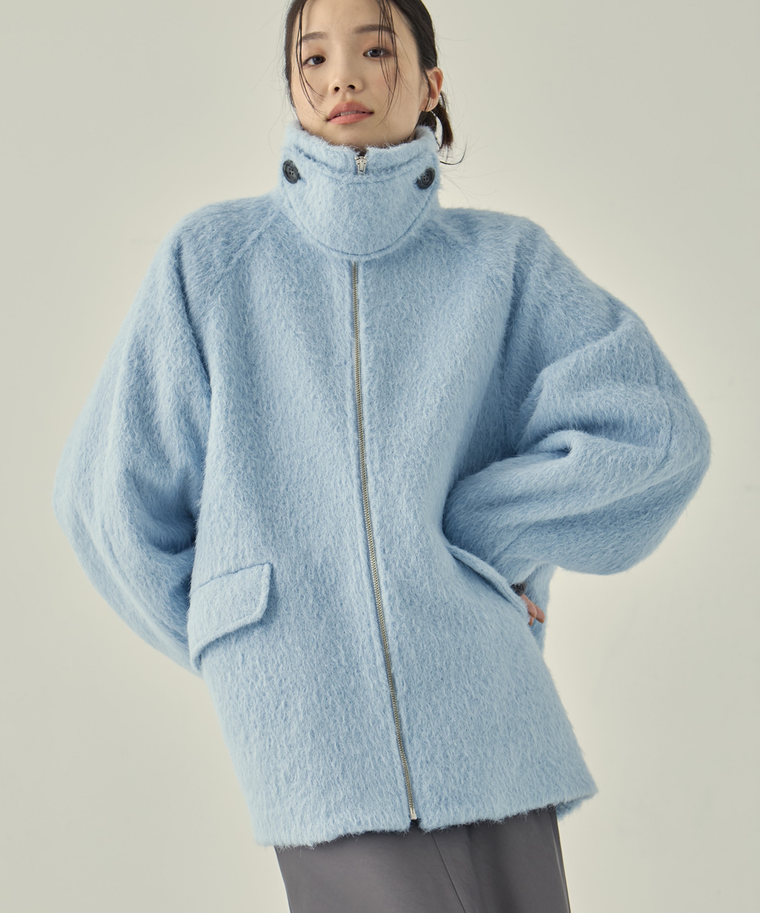 STAND COLLAR SHAGGY MIDDLE COAT STUDIOUS