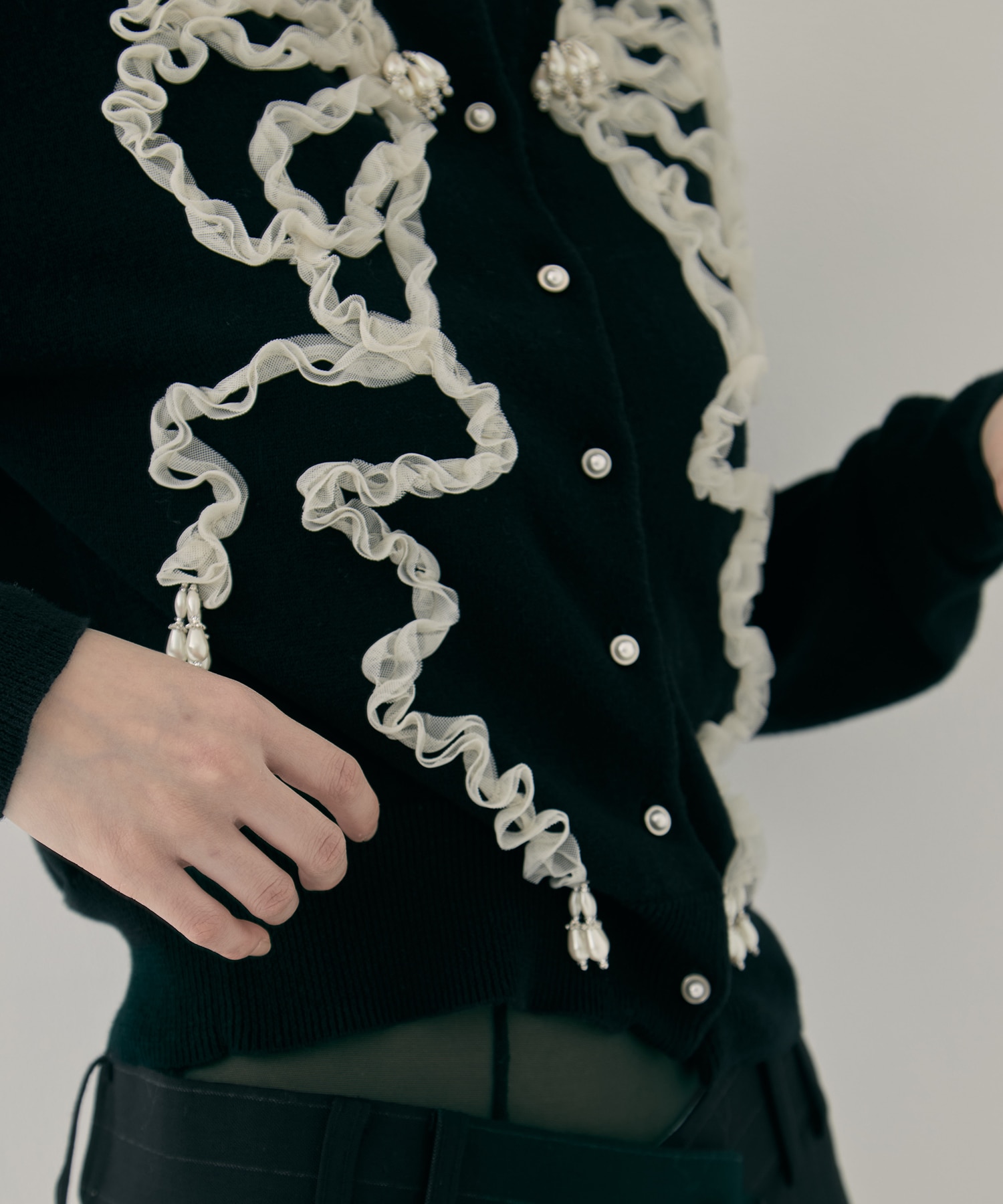 Ribbon tulle pearl embroidery cardigan tanakadaisuke