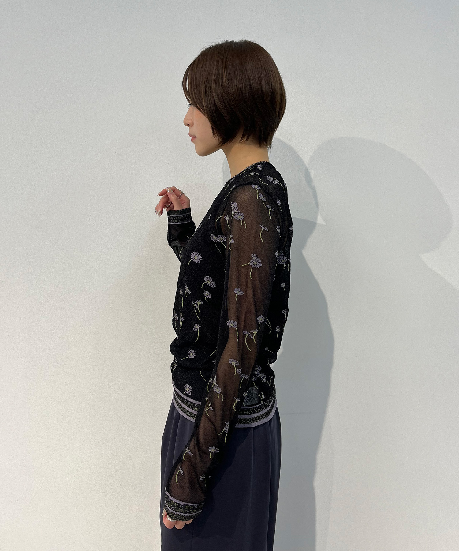 Floral Pattern Long Sleeve Sheer Knit Top Mame Kurogouchi