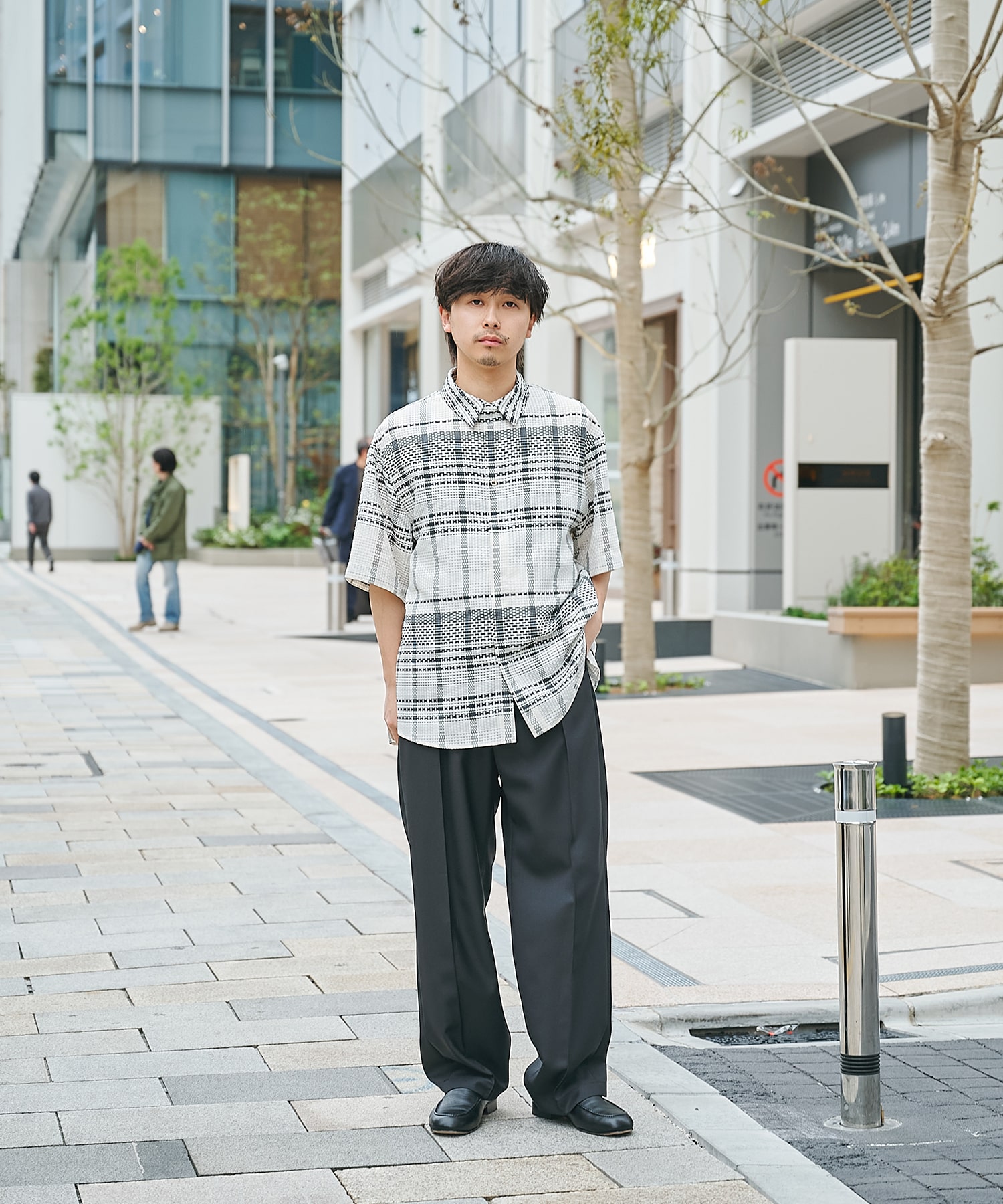 Sheer Tile Check Chin Tab Short Sleeve Shirt｜CULLNI