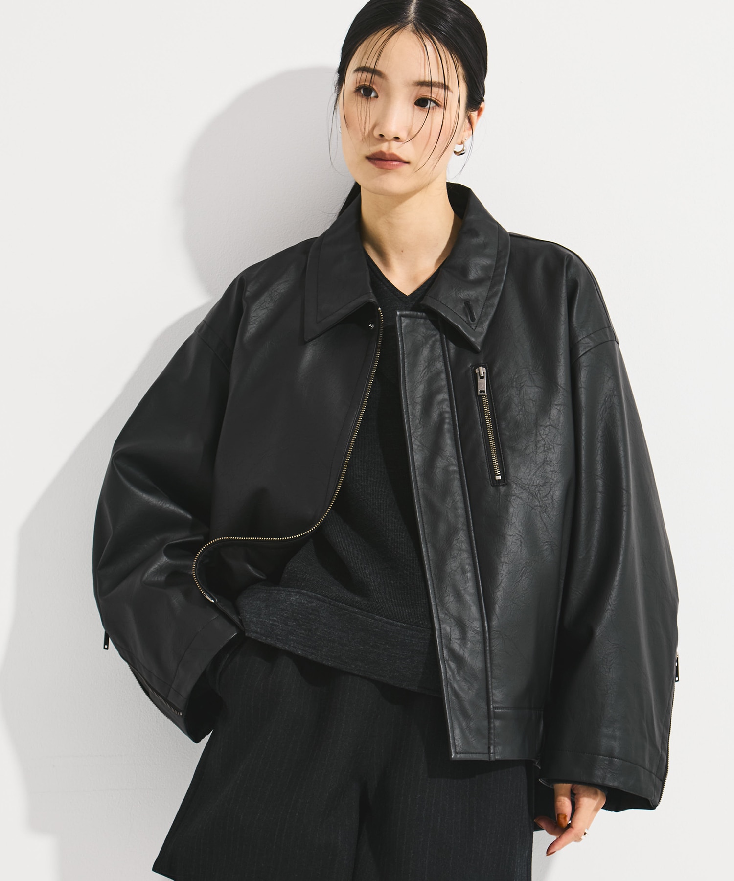 Faux Leather Stand Collar Blouson STUDIOUS