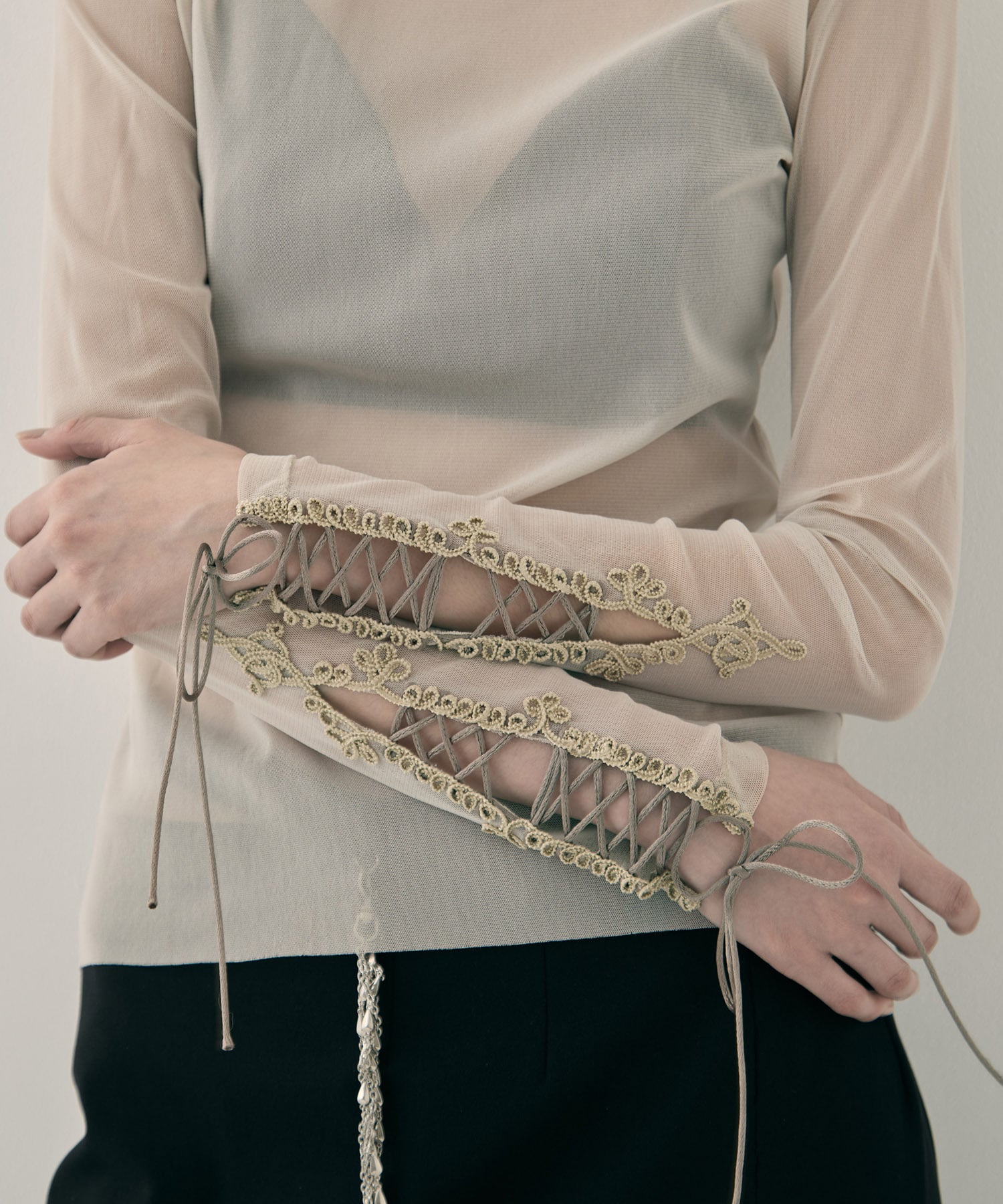 lace up sleeve sheer tops Beige tanakadaisuke