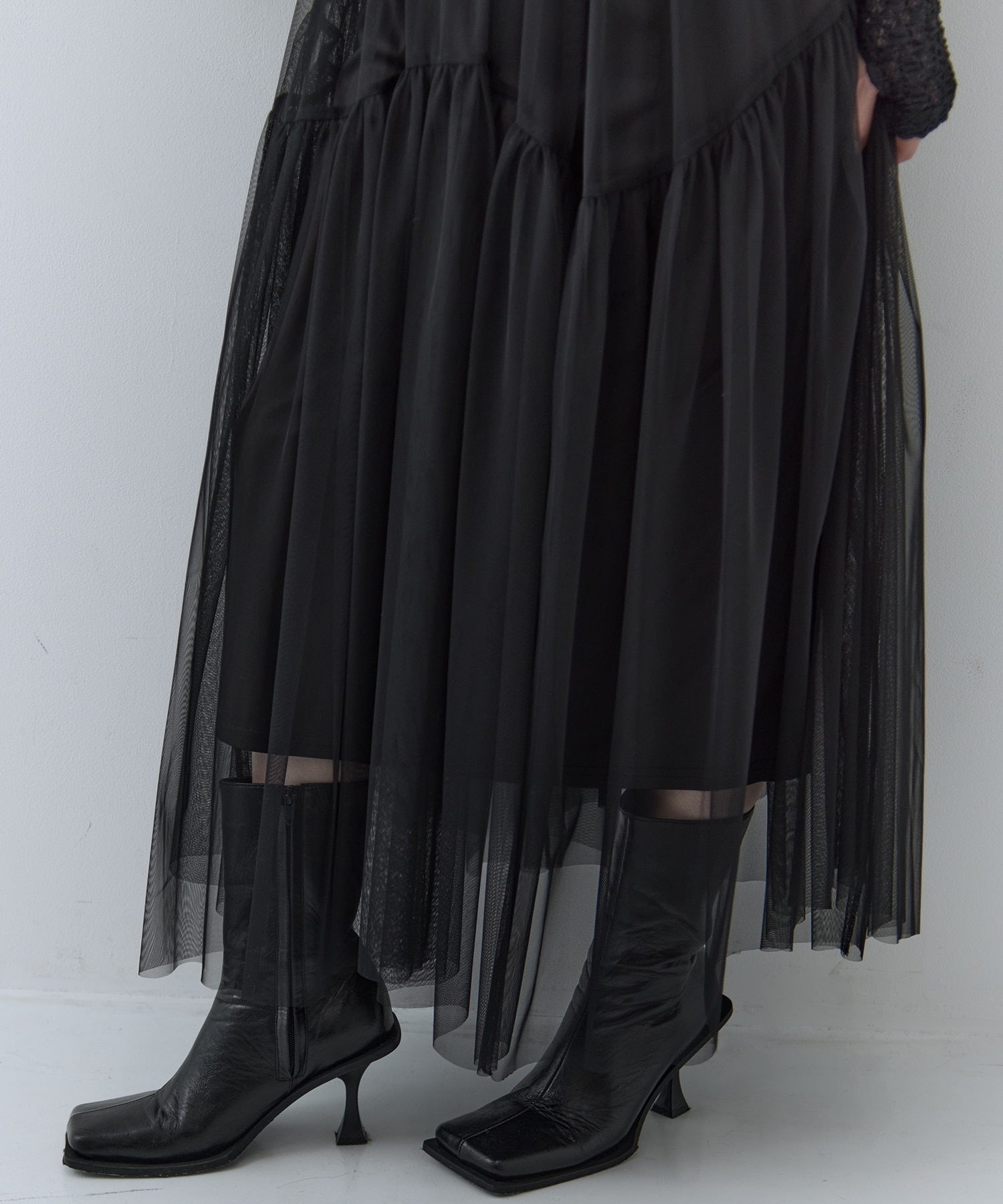 BLACK TULLE WAVE TIERED DRESS AMERI