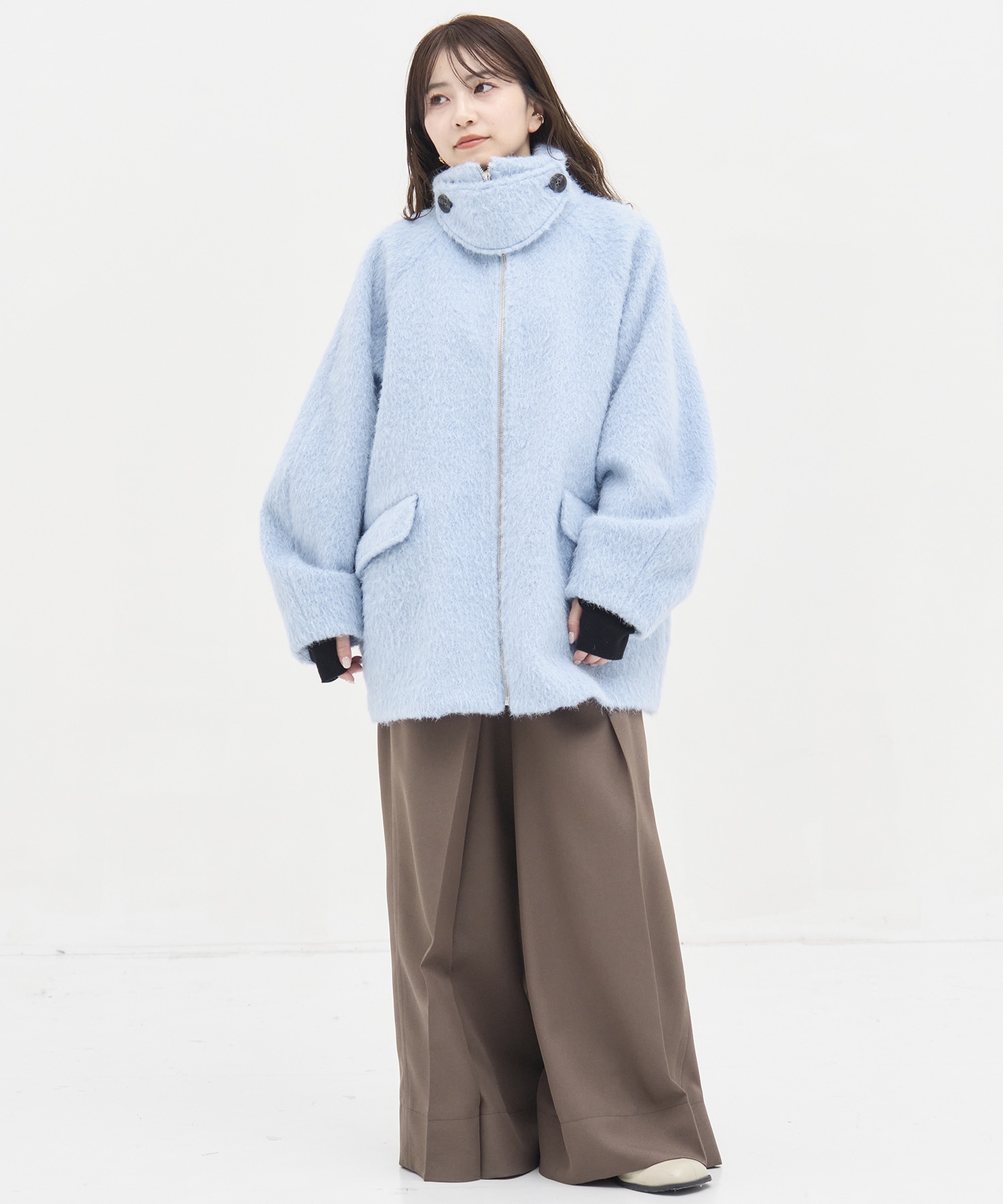 STAND COLLAR SHAGGY MIDDLE COAT STUDIOUS