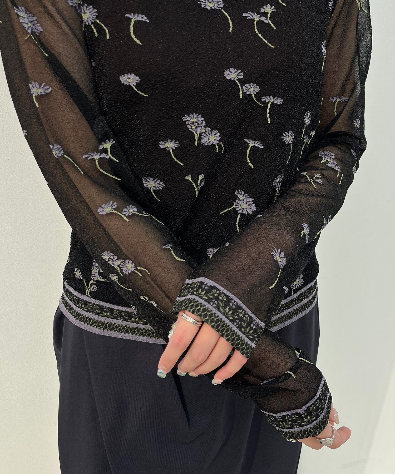 Floral Pattern Long Sleeve Sheer Knit Top Mame Kurogouchi