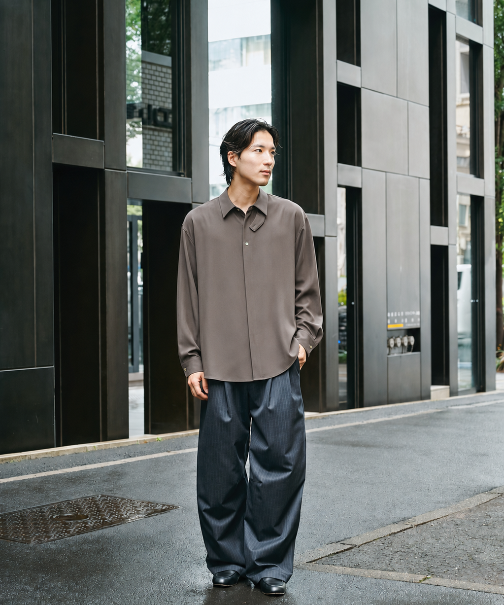 Double Satin Minimal Chin Tab Long Sleeve Shirt CULLNI