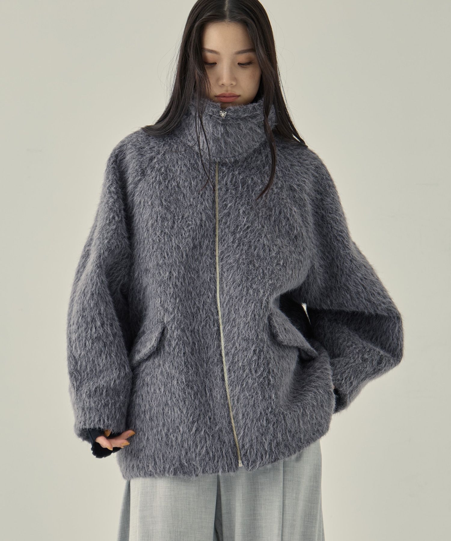 STAND COLLAR SHAGGY MIDDLE COAT STUDIOUS