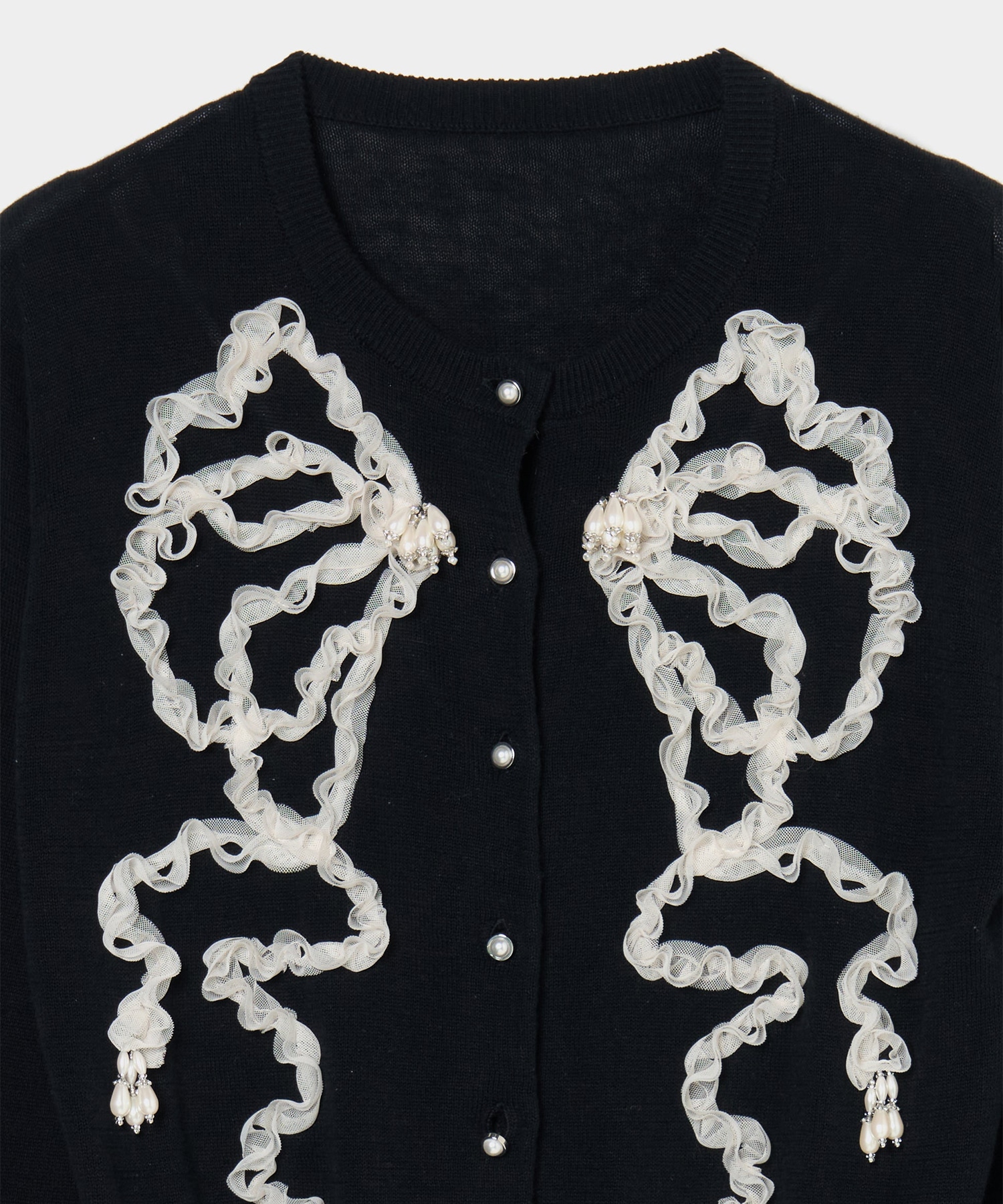 Ribbon tulle pearl embroidery cardigan tanakadaisuke