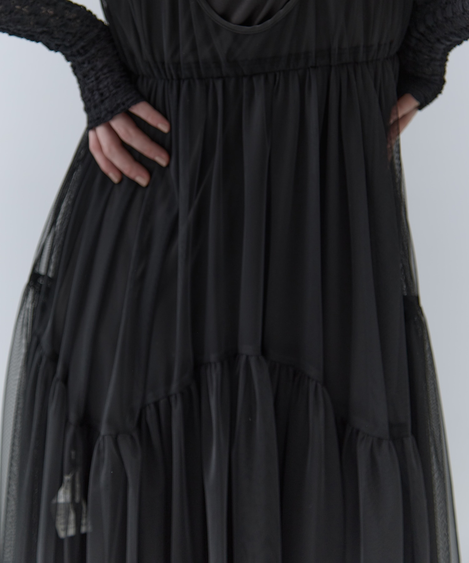 BLACK TULLE WAVE TIERED DRESS AMERI