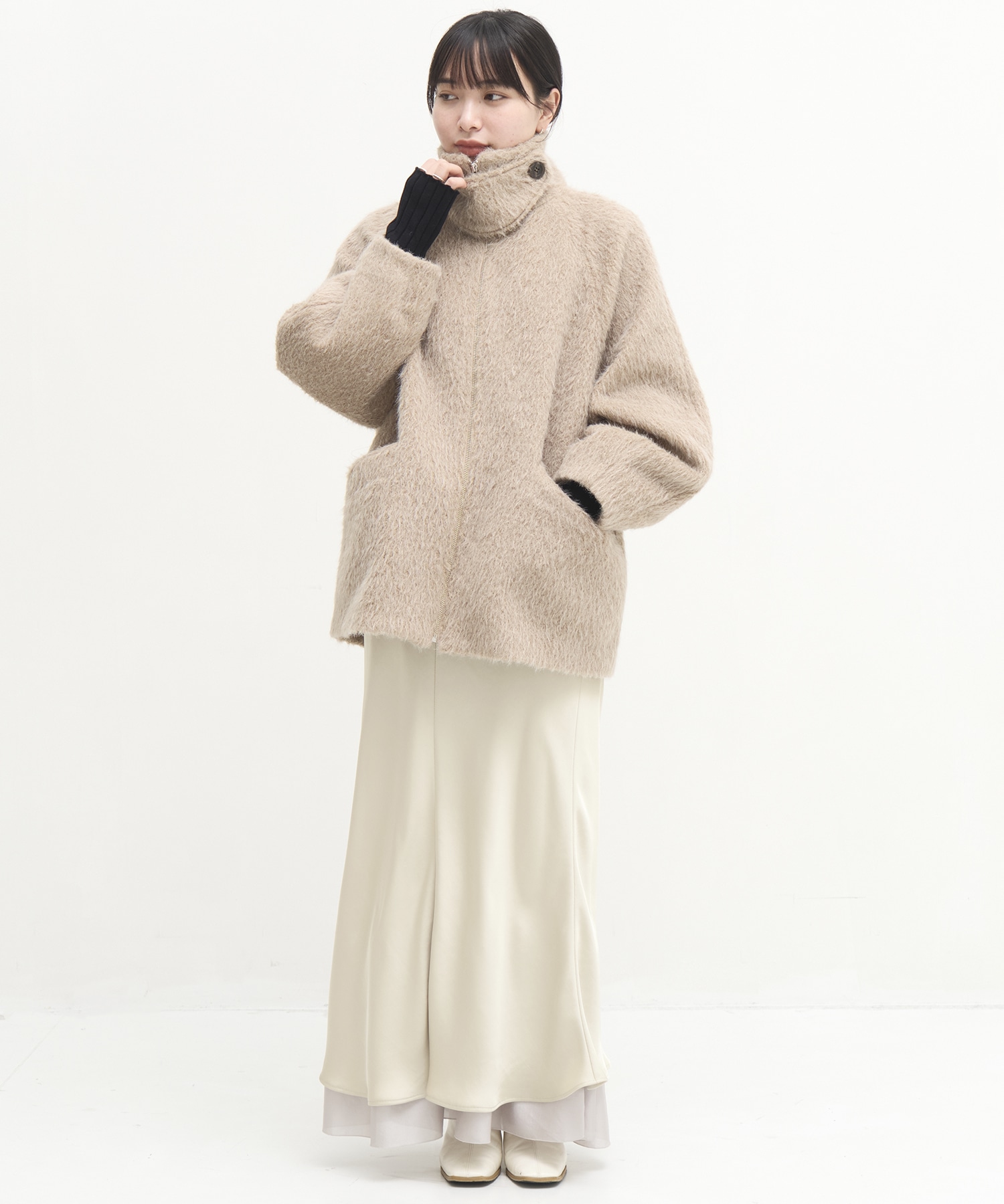 STAND COLLAR SHAGGY MIDDLE COAT STUDIOUS