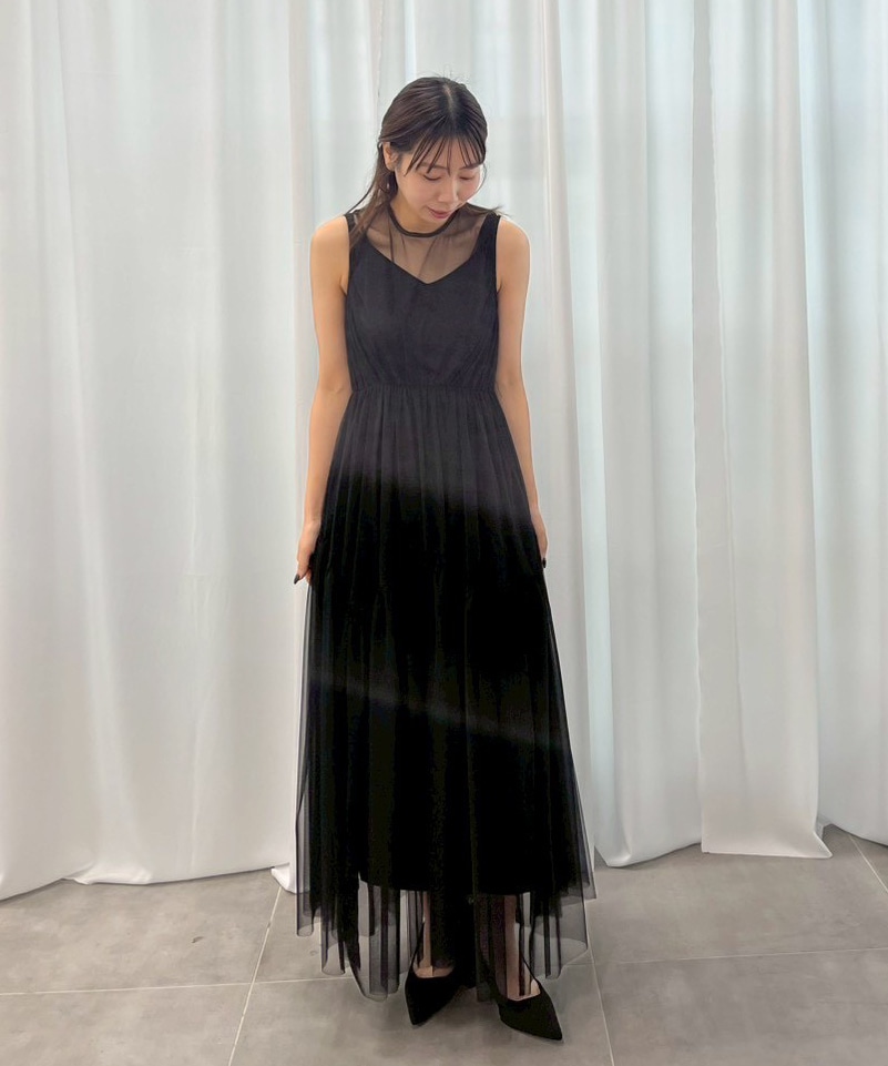BLACK TULLE WAVE TIERED DRESS AMERI
