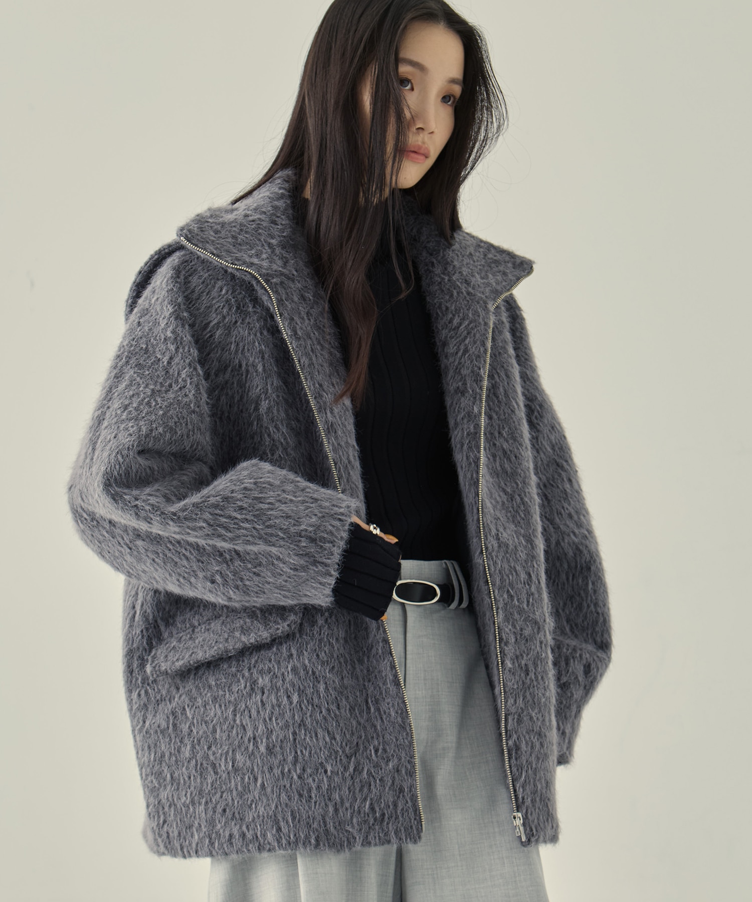 STAND COLLAR SHAGGY MIDDLE COAT(FREE DARK GREY): STUDIOUS: WOMENS