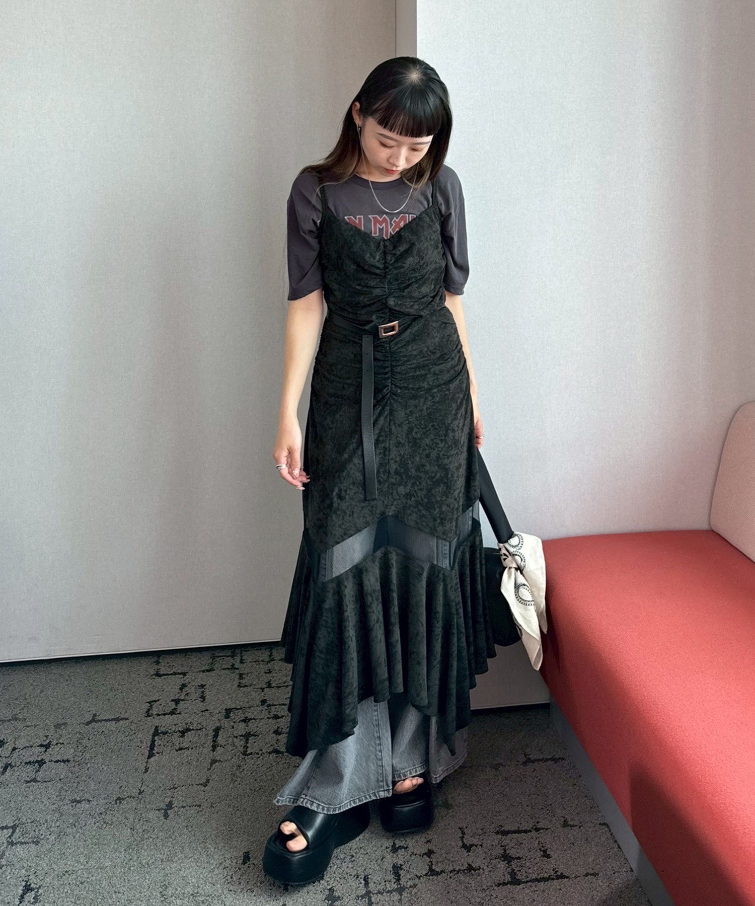 別注VELOUR SHEER CUT HEM DRESS FETICO