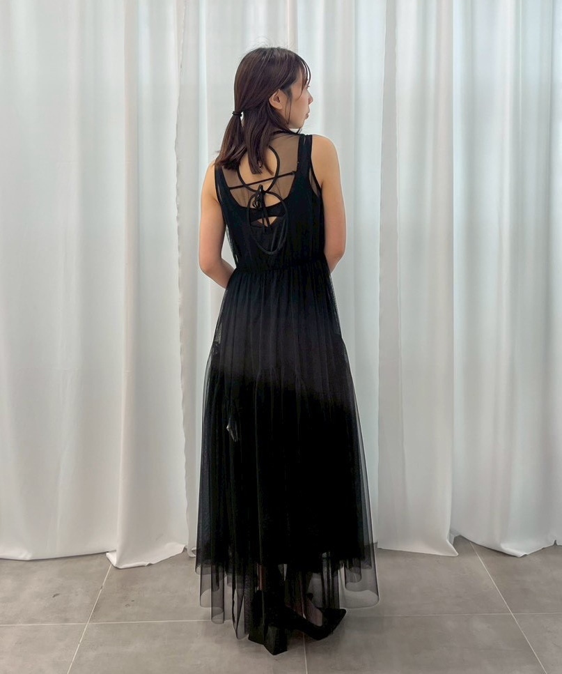 BLACK TULLE WAVE TIERED DRESS AMERI