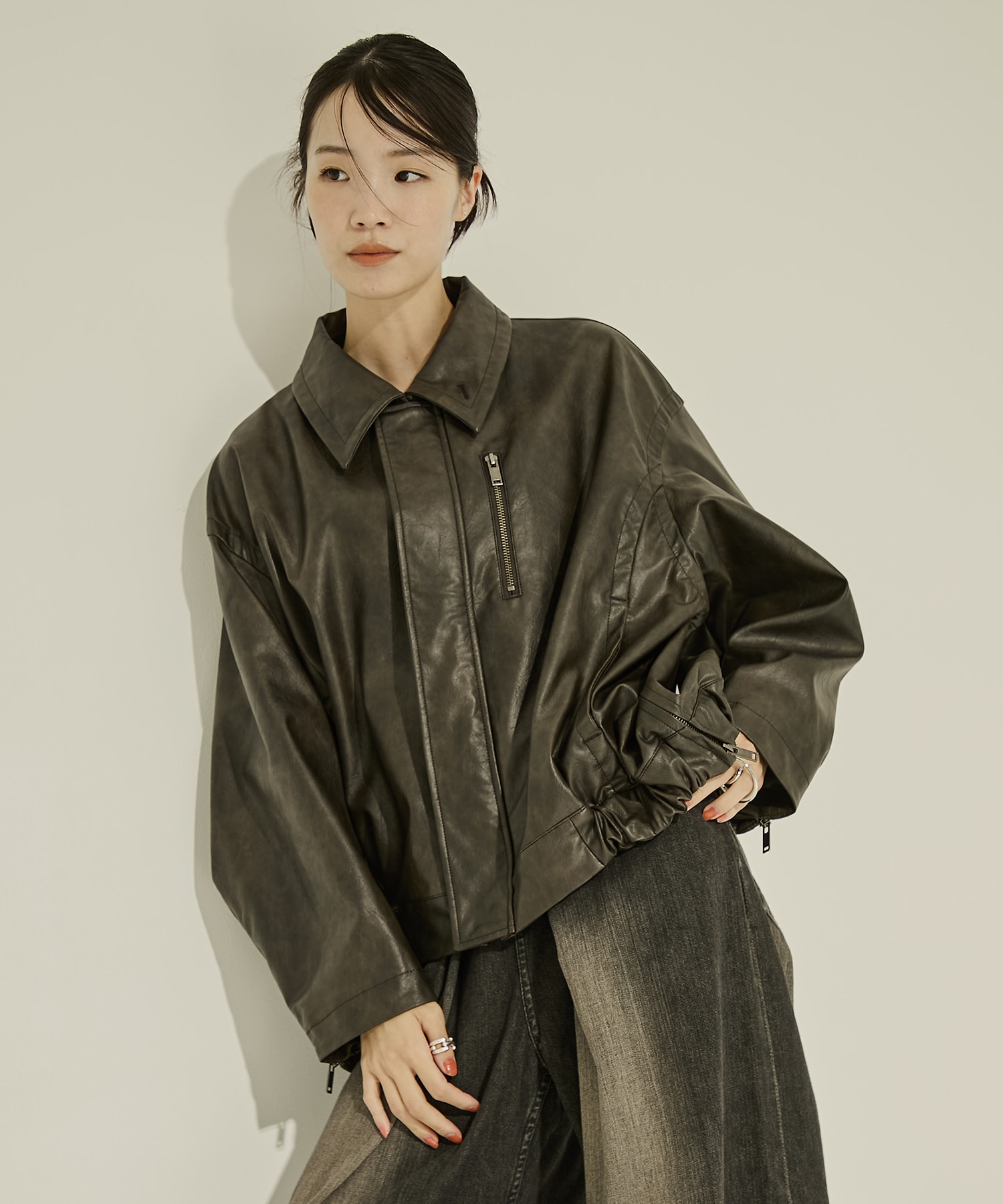 Faux Leather Stand Collar Blouson STUDIOUS