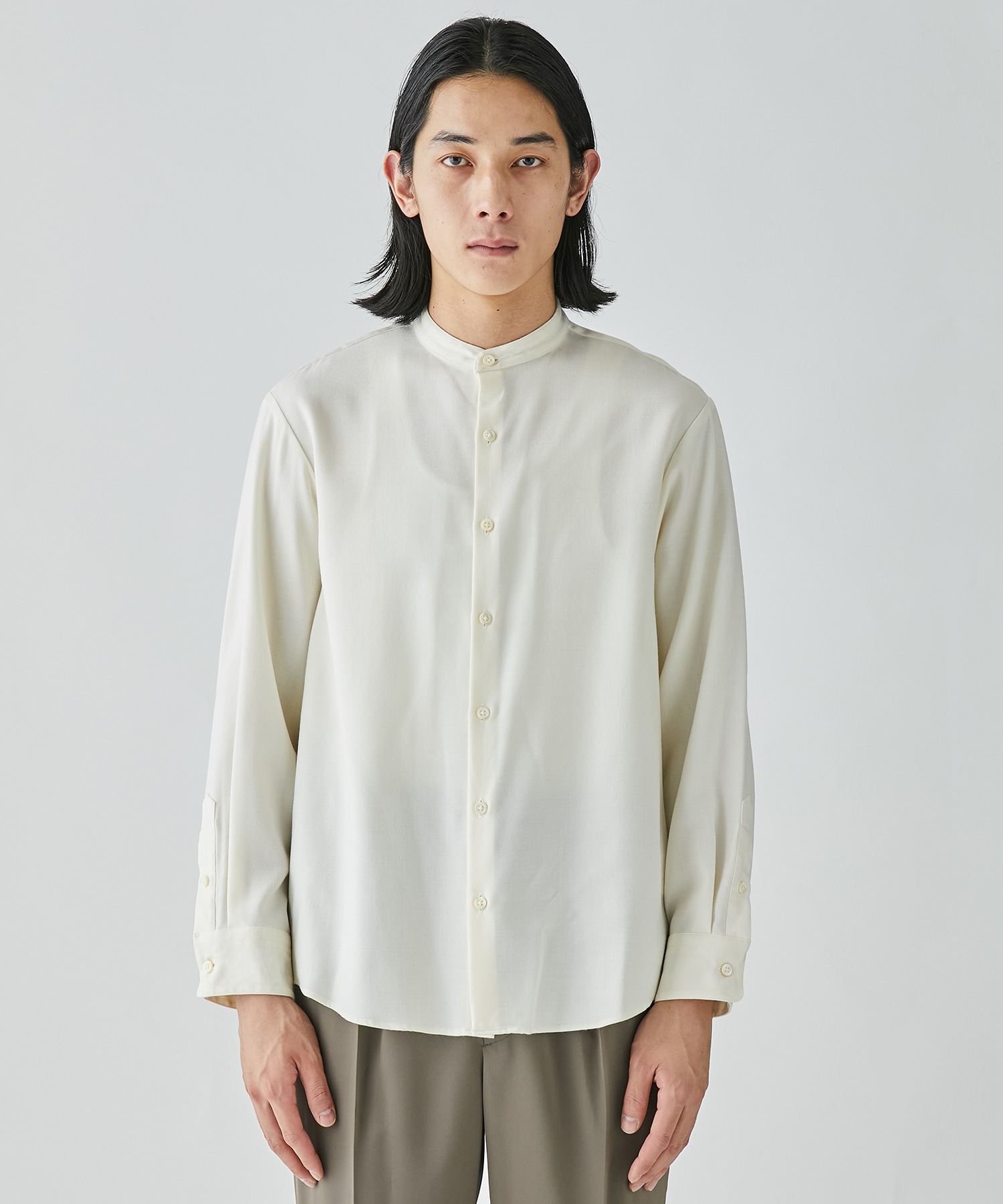 サキソニーストレッチバンドカラーシャツ(1 WHITE): STUDIOUS: MENS