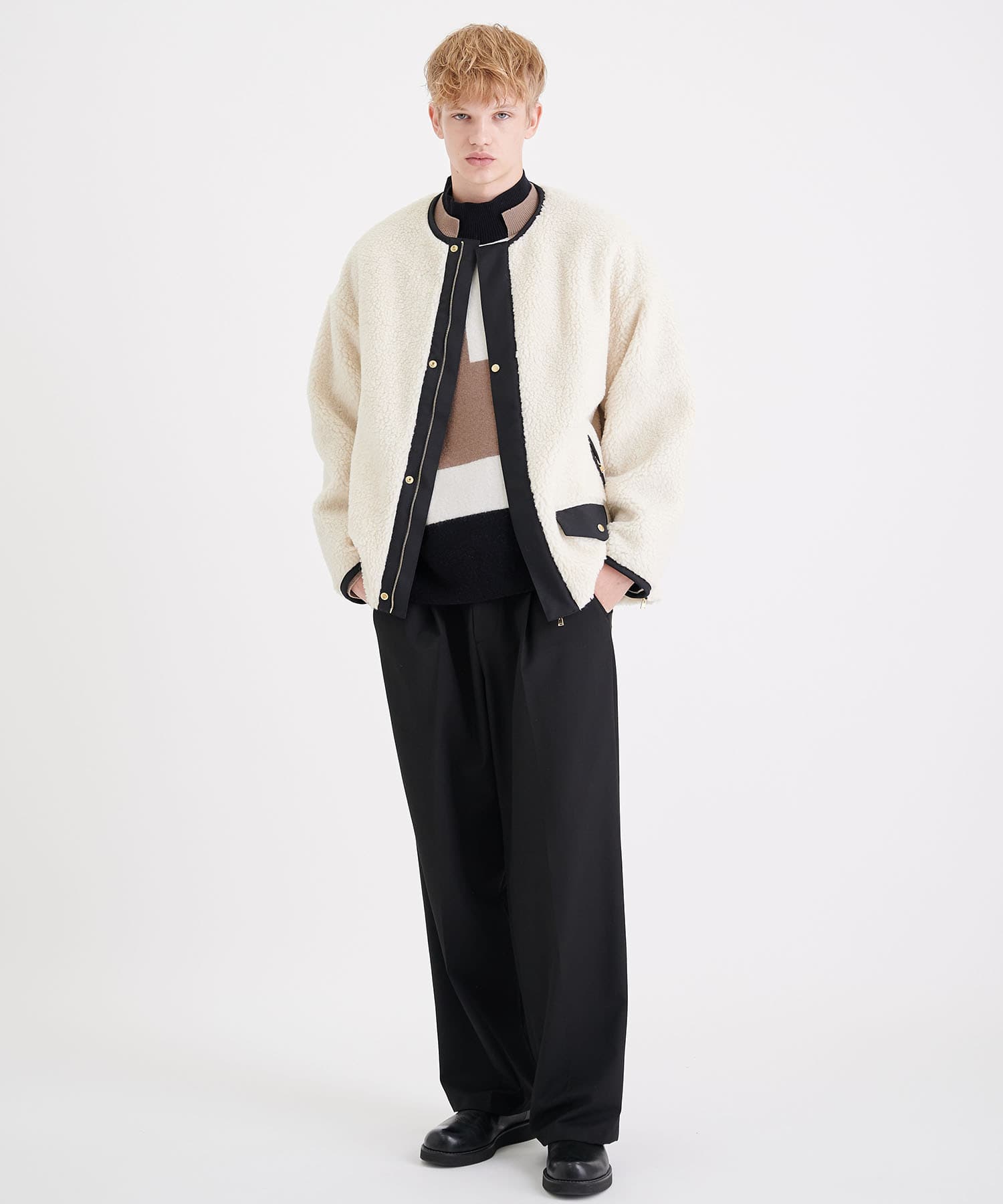 Wool Mix Boa Collarless Riders Blouson | CULLNI