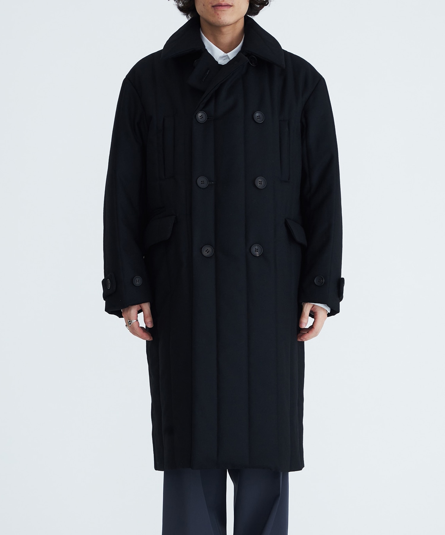 Wool Stripe Quilted Double-Breasted Coat MATSUFUJI