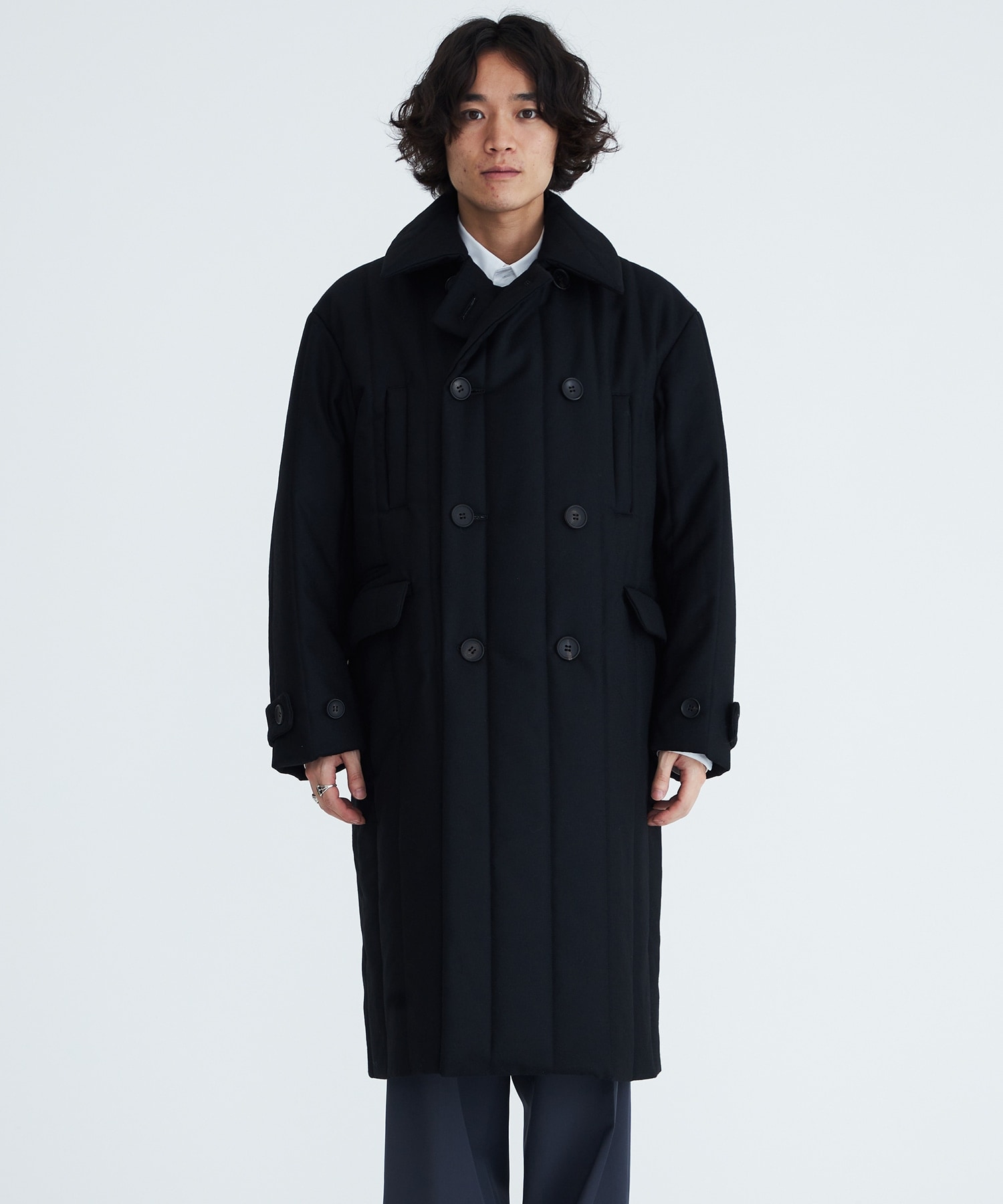 Wool Stripe Quilted Double-Breasted Coat-levercoffee.com