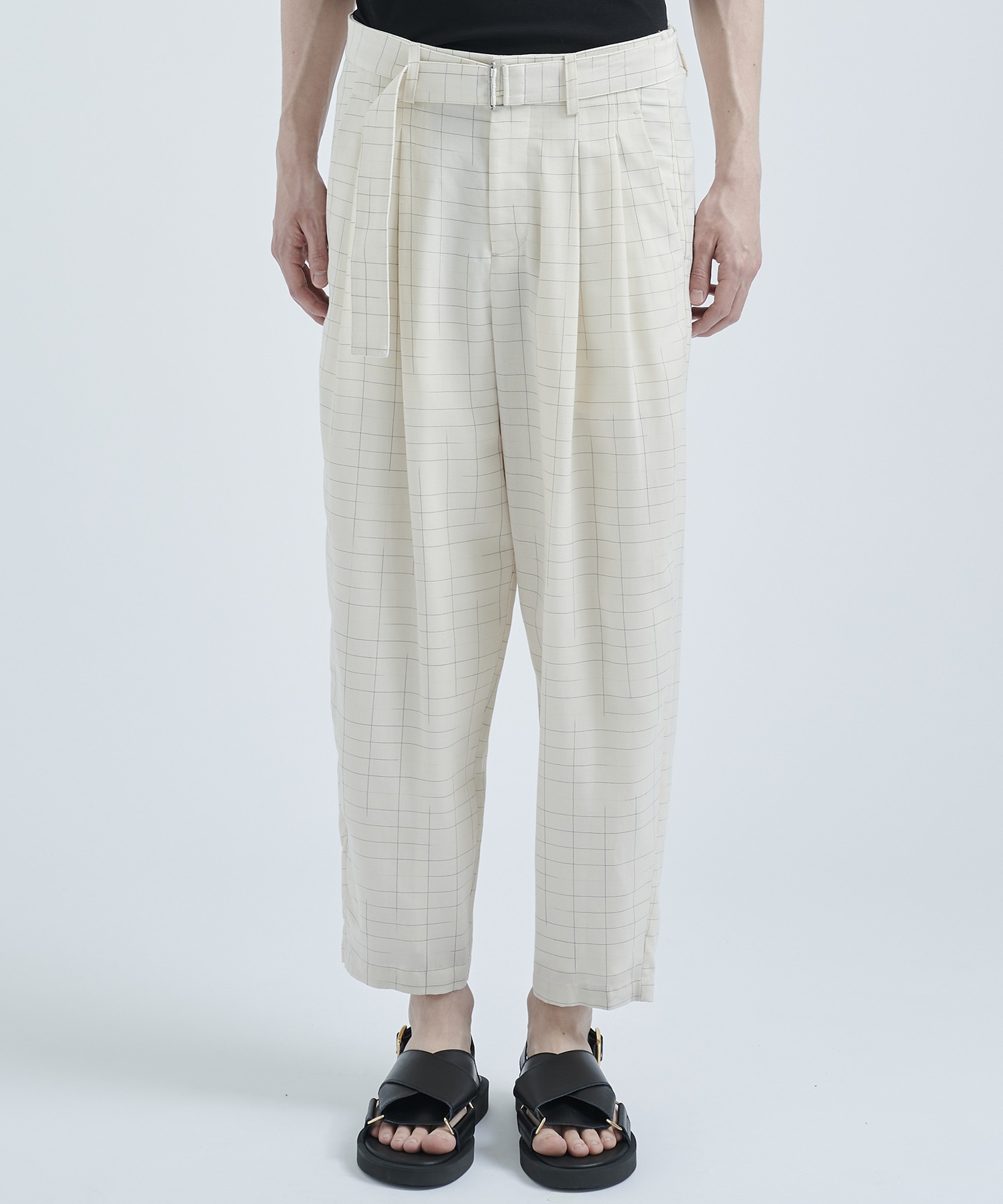 STUDIOUS別注 GRID CHECK BELTED WIDE TAPERED SLACKS-