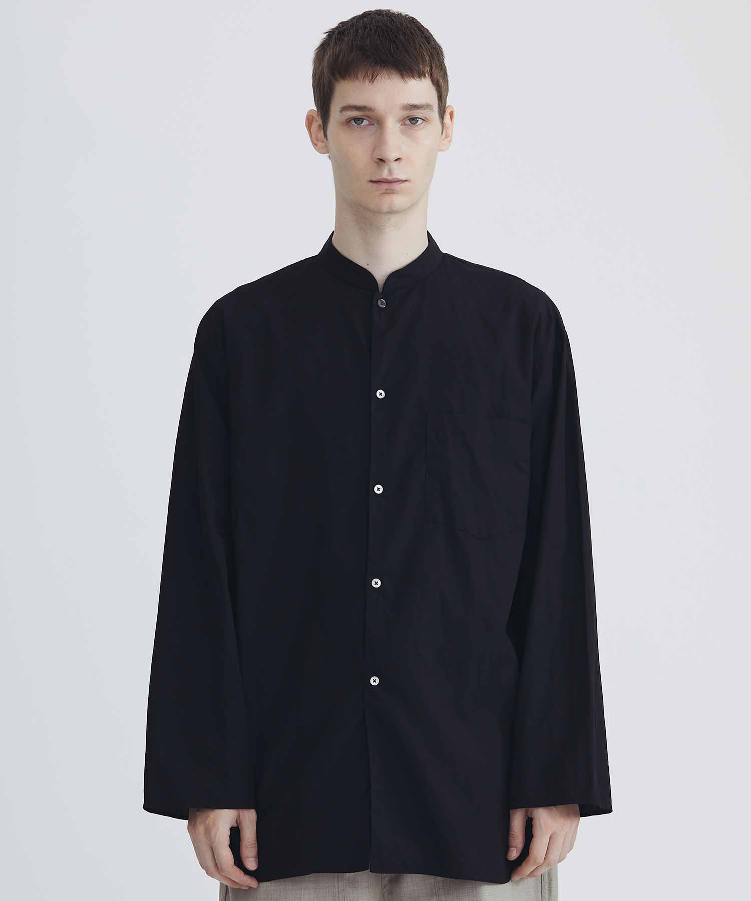 Chambray Stand Collar Cuffless Shirt blurhms