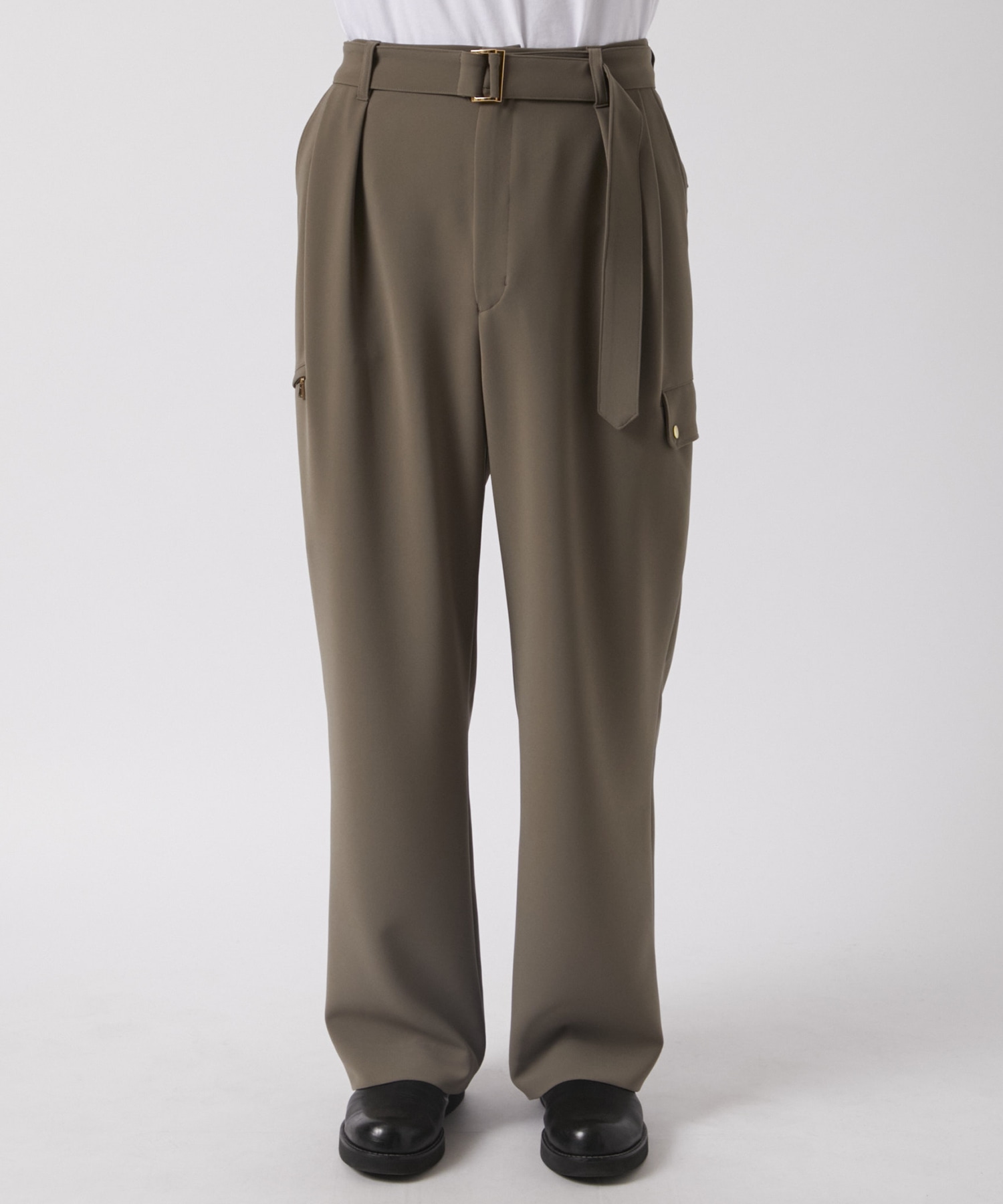 Stretch 2Way Double Cloth  2 Tuck Cargo Pants with Long Belt CULLNI