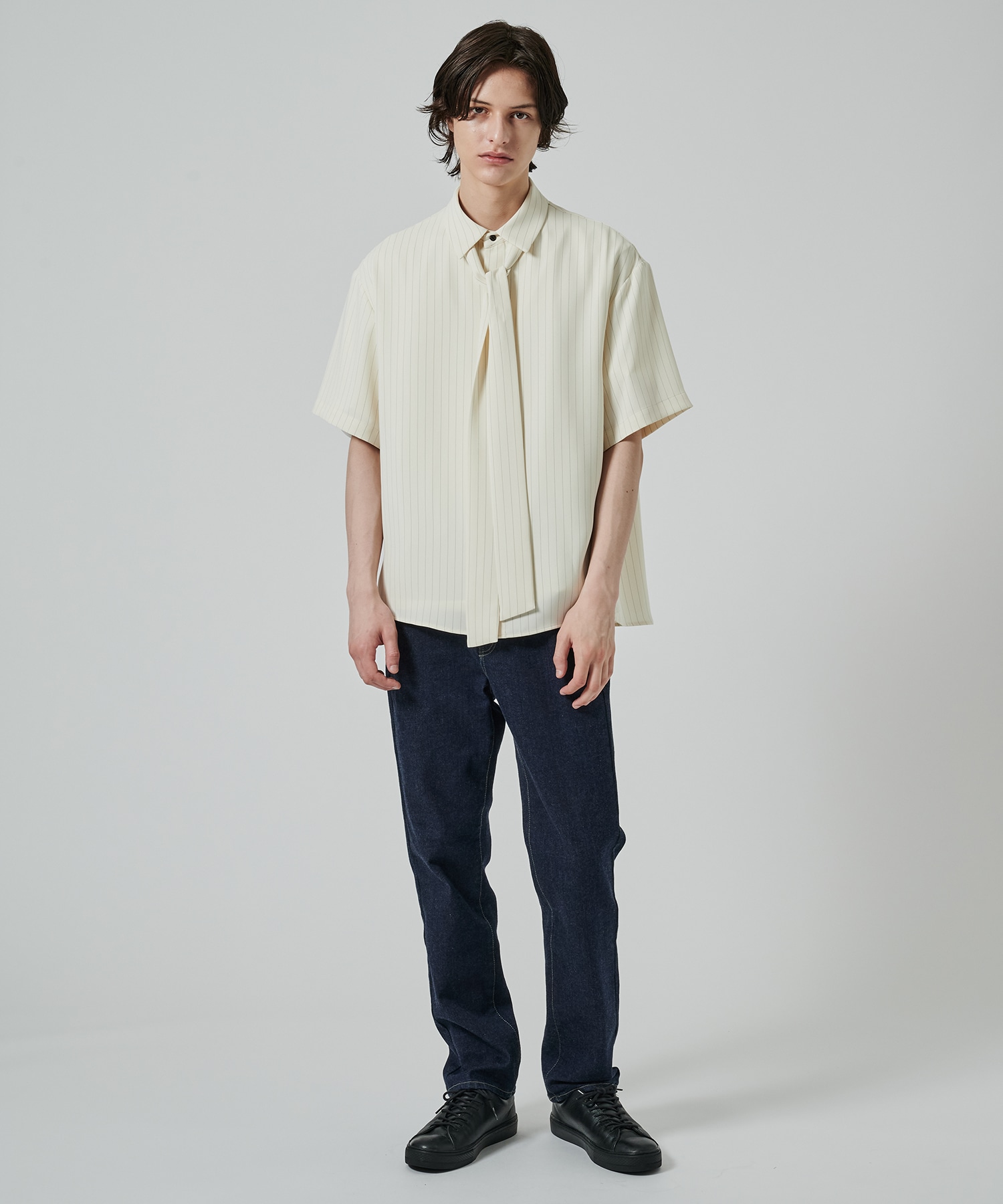 Double Satin Stripe Bow Tie Short Sleeve Shirt CULLNI