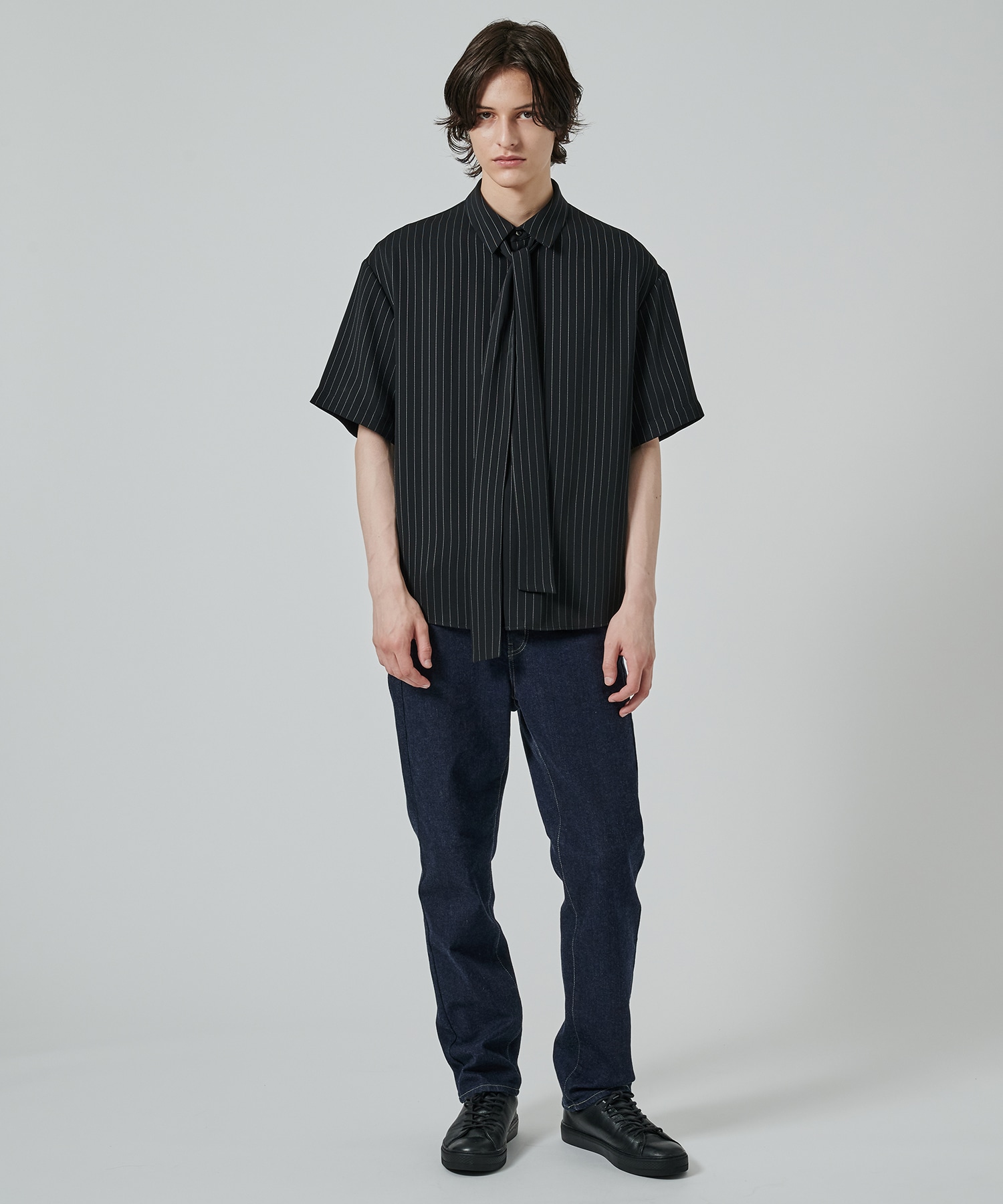Double Satin Stripe Bow Tie Short Sleeve Shirt CULLNI