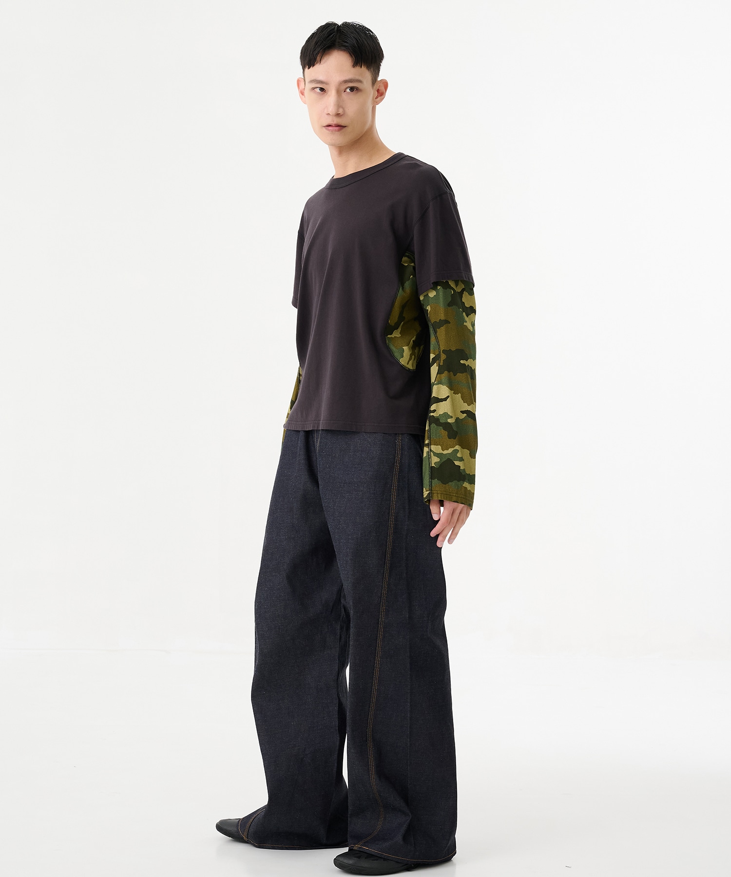 別注 PANELED LAYERD SLEEVE T-SHIRT NVRFRGT