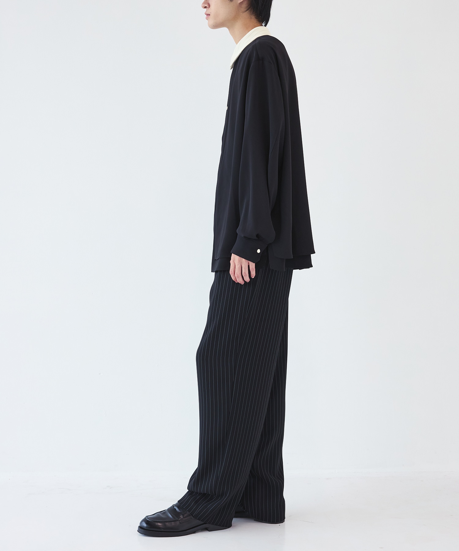 Stripe Collar Double Cloth Asymmetrical Layered Shirt CULLNI