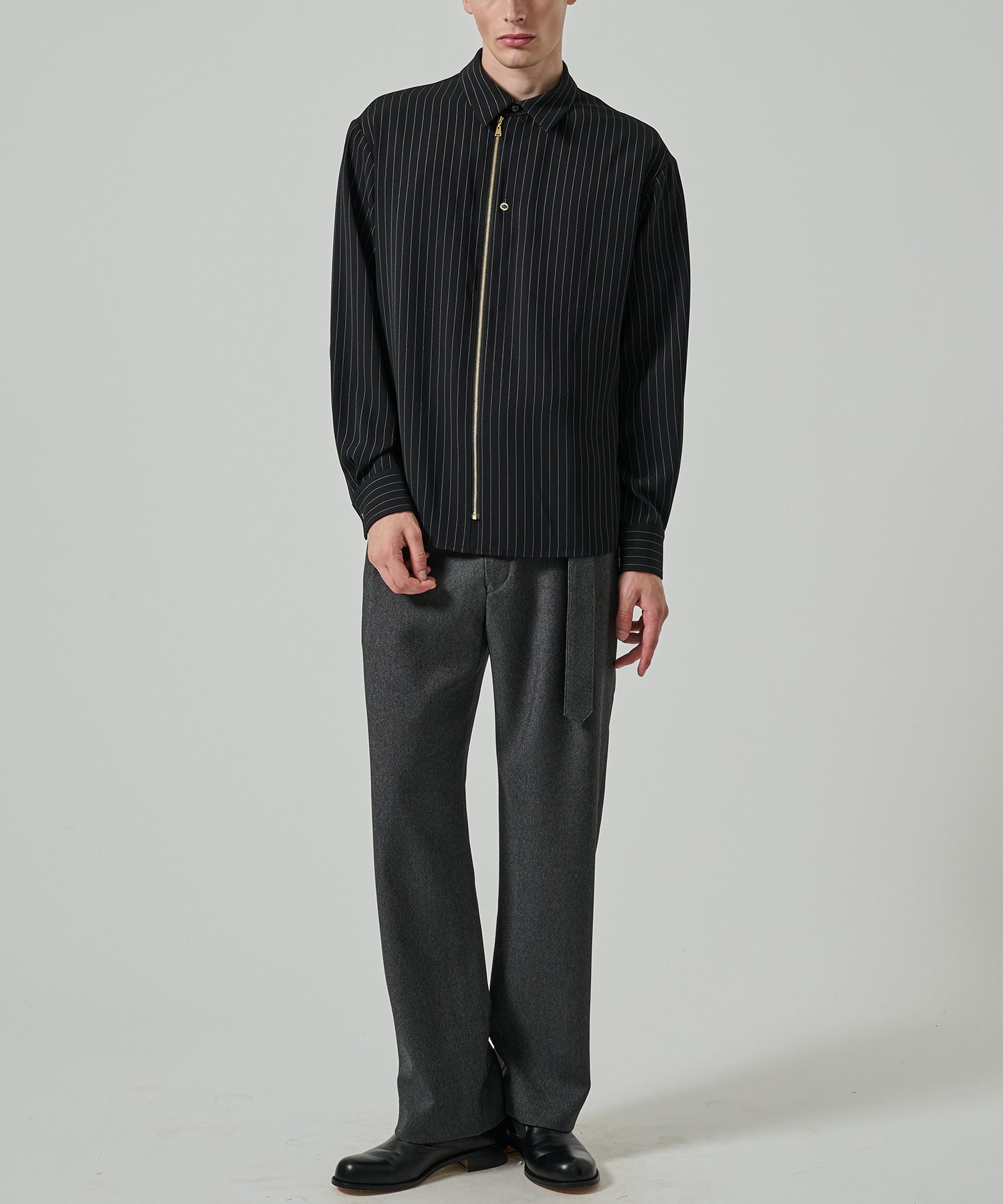 Faux Denim 1Tuck Semi Wide Pants with Long Belt CULLNI