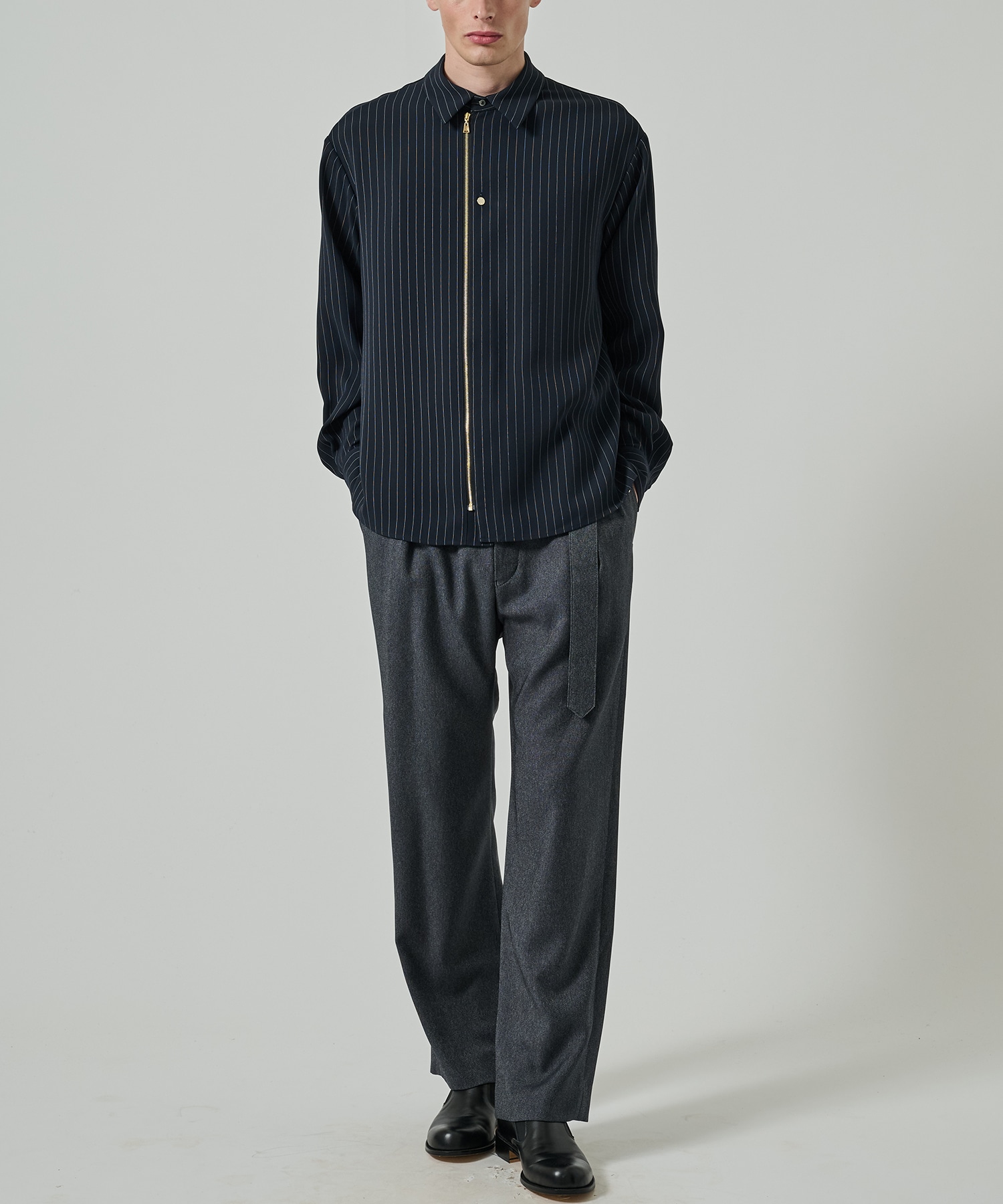 Faux Denim 1Tuck Semi Wide Pants with Long Belt CULLNI