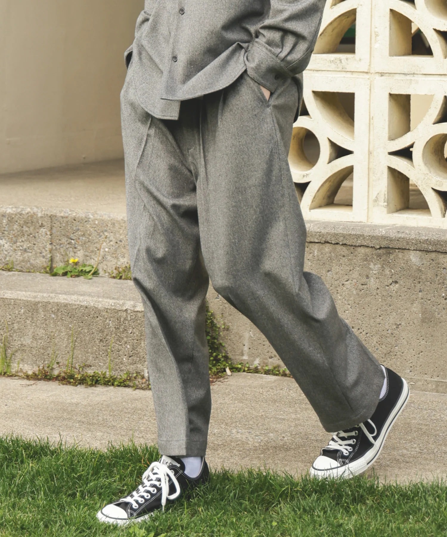 PEACHSKIN STRETCH GABARDINE /2TACK WIDE EASY PANTS MR.OLIVE