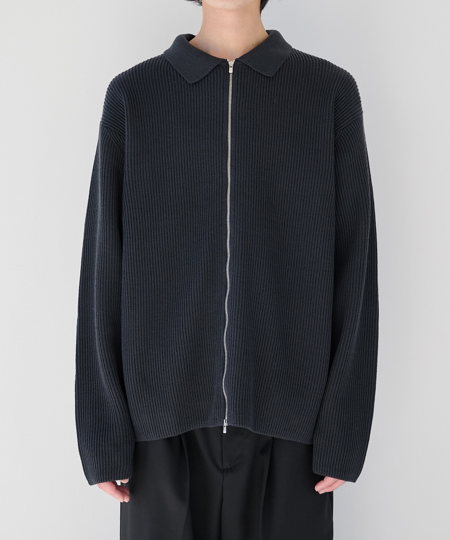 BATONER | SOLID WOOL RIB POLO ZIP UP CARDIGAN