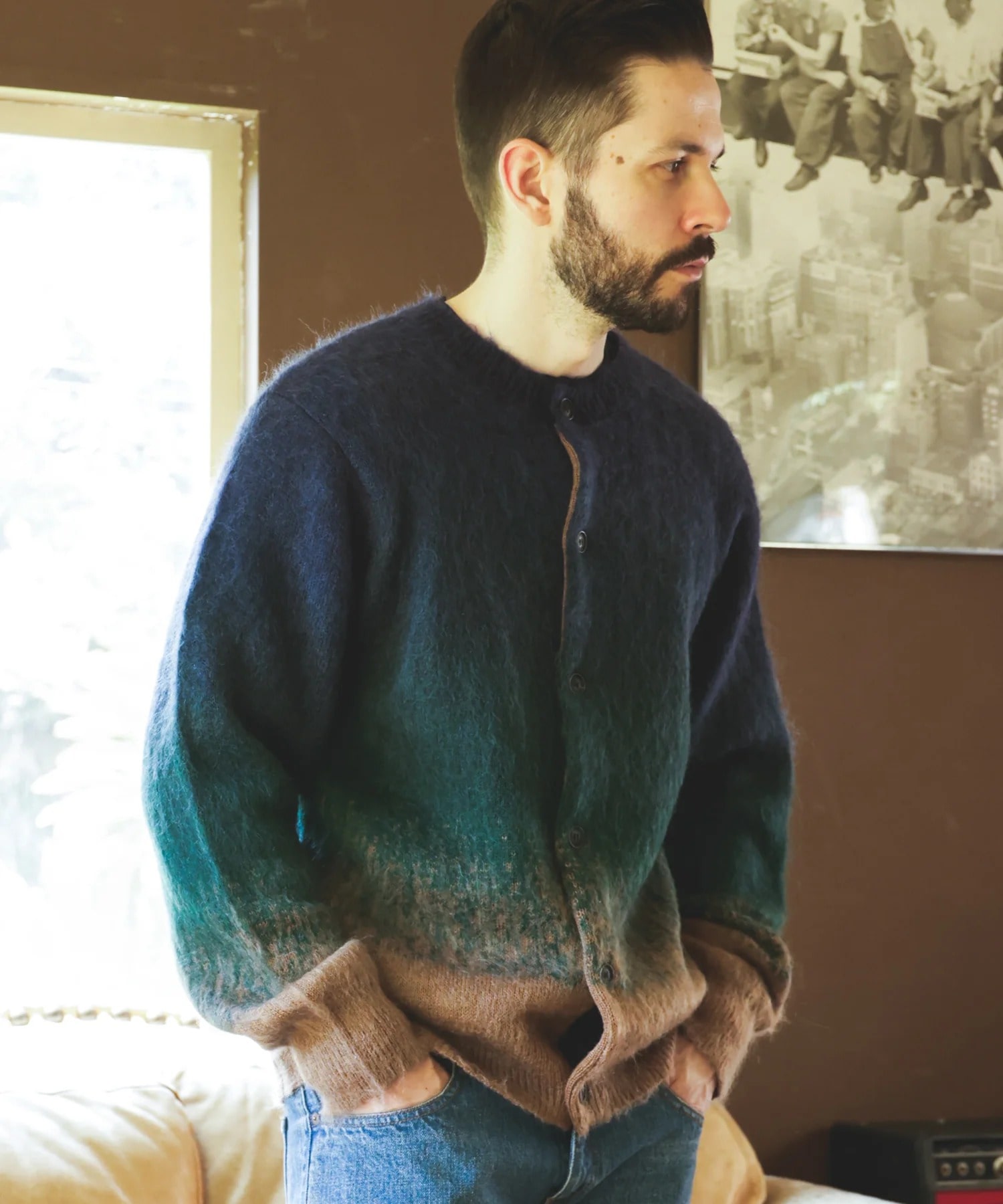 GRADATION MOHAIR KNIT /6-BUTTON CARDIGAN MR.OLIVE