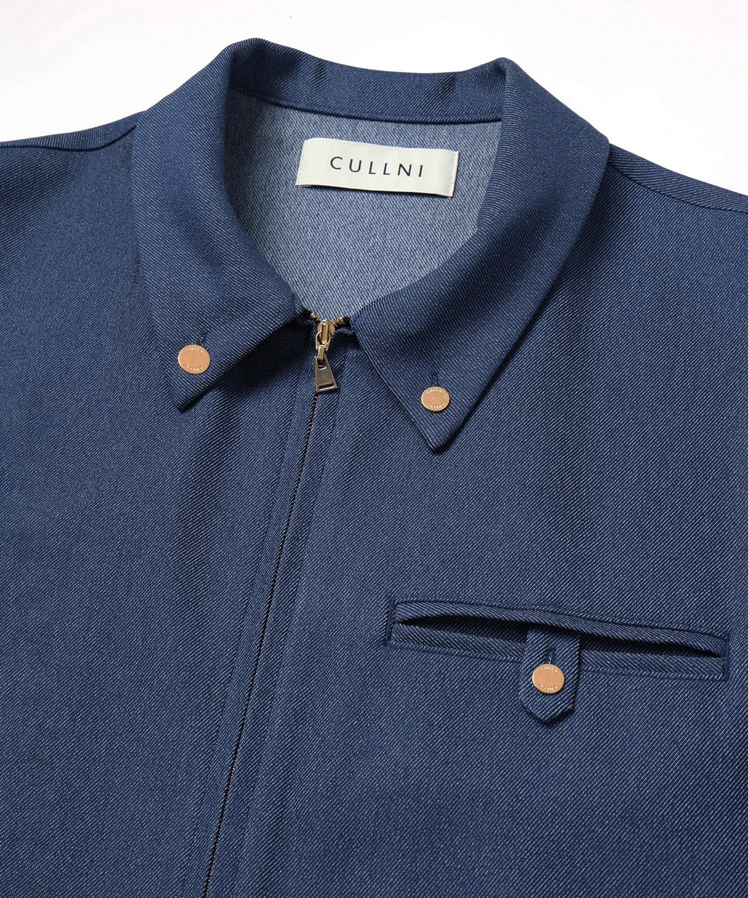 Faux Denim Button-Tab Pocket Zip Up Shirt CULLNI