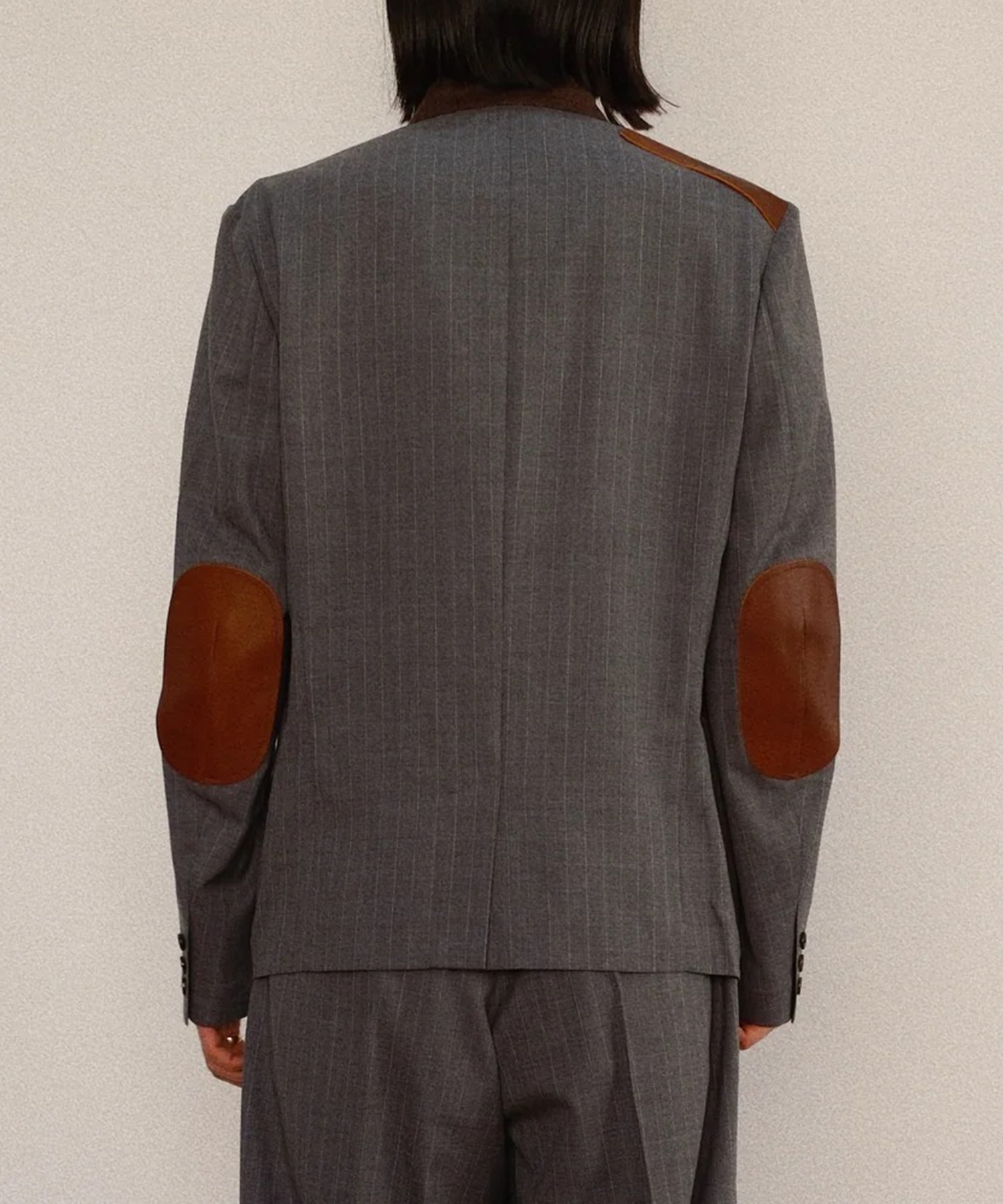 Leather-Patch No-Collar Jacket KHOKI