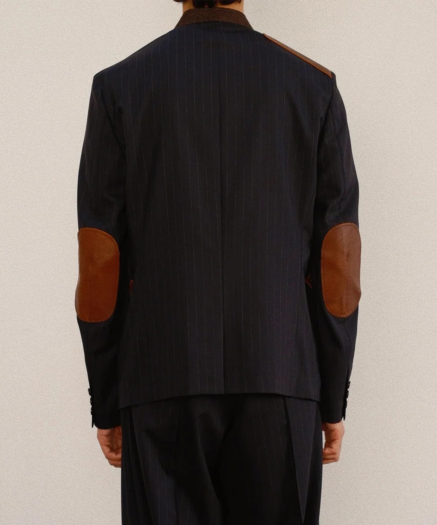 Leather-Patch No-Collar Jacket KHOKI