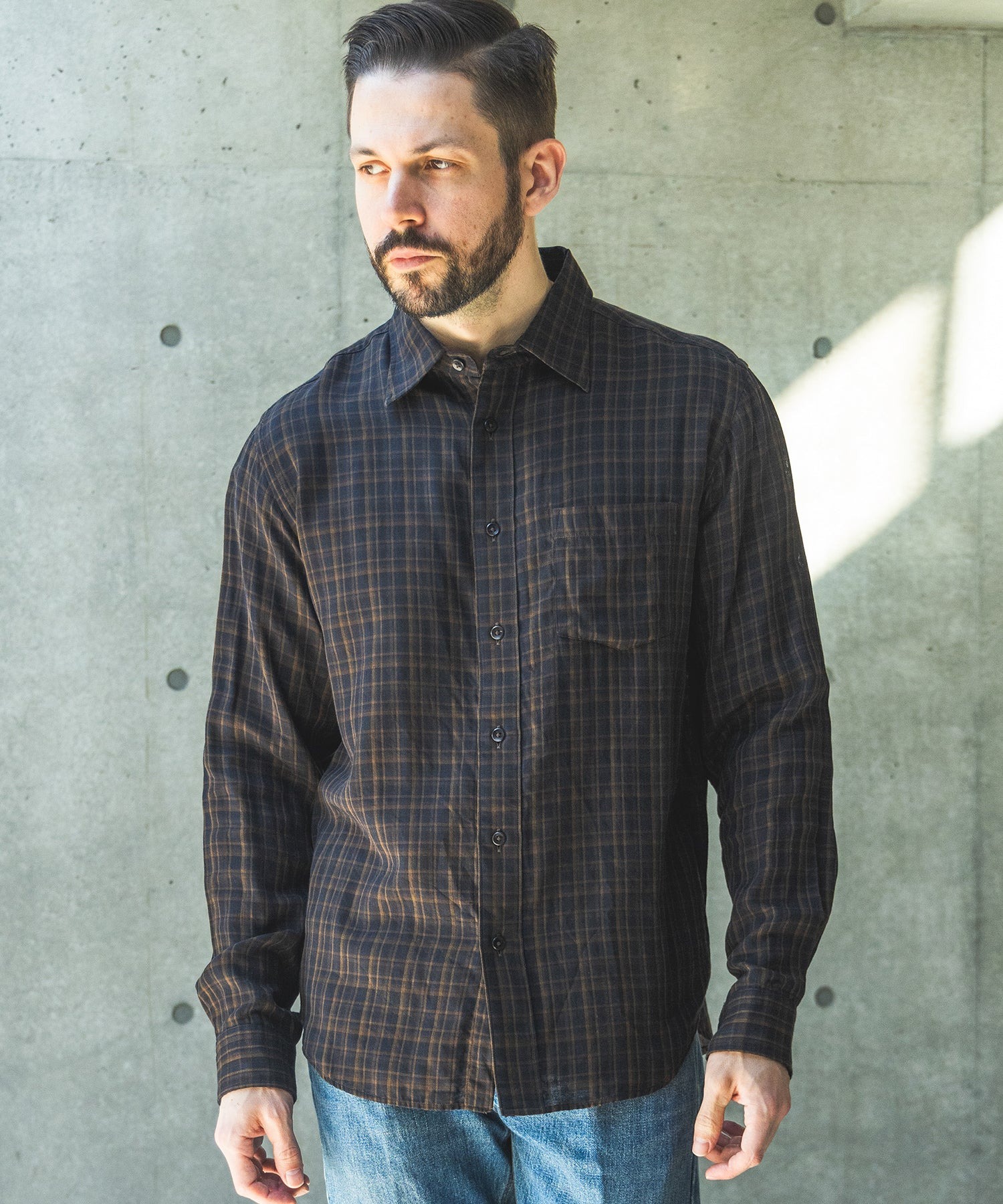 DOUBLE GAUZE MADRAS CHECK /REGULAR COLLAR SHIRT MR.OLIVE