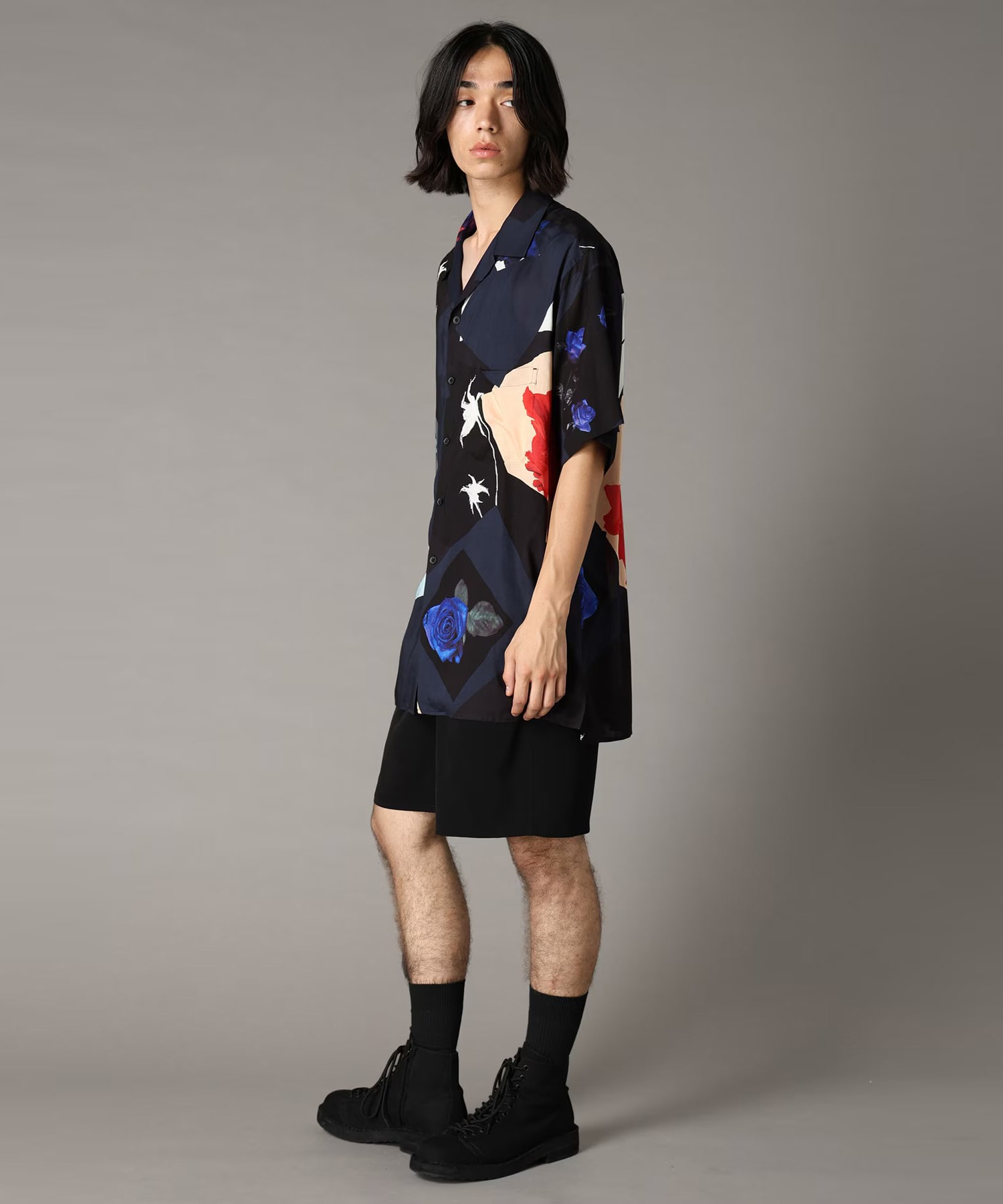 FLORAL PATCHWORK PRINT OPEN-COLLAR SHIRT GroundY