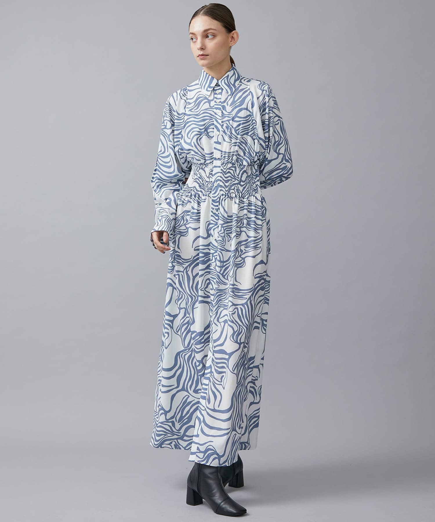 〈別注〉 VAGUE PRINT WASIT SHIRRING LONG DRESS IHNN